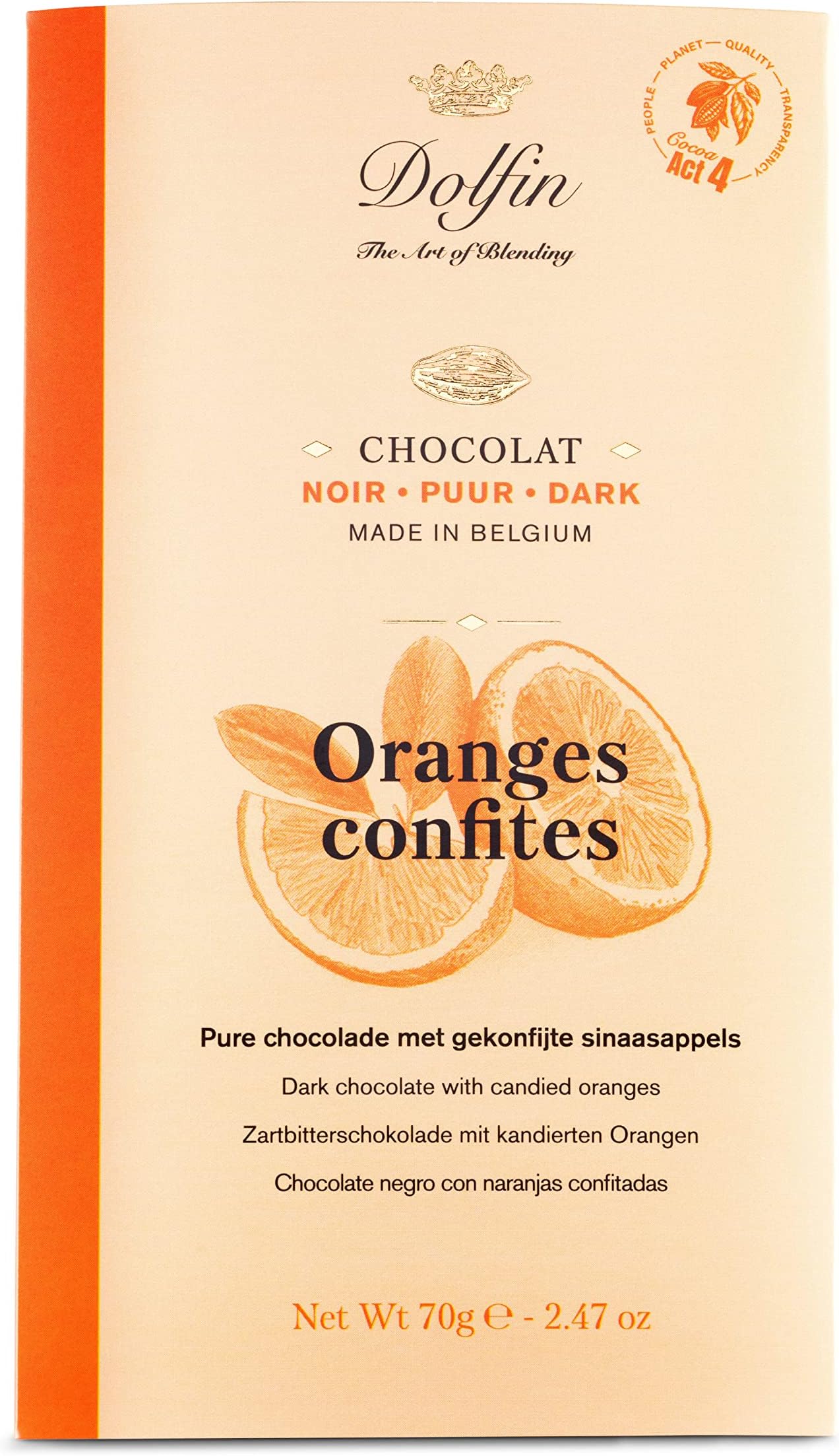 Belgian Chocolate - "Écorces d'oranges confites" Dark Chocolate Bar with Crystallized Orange Peel, 70g/2.47oz.
