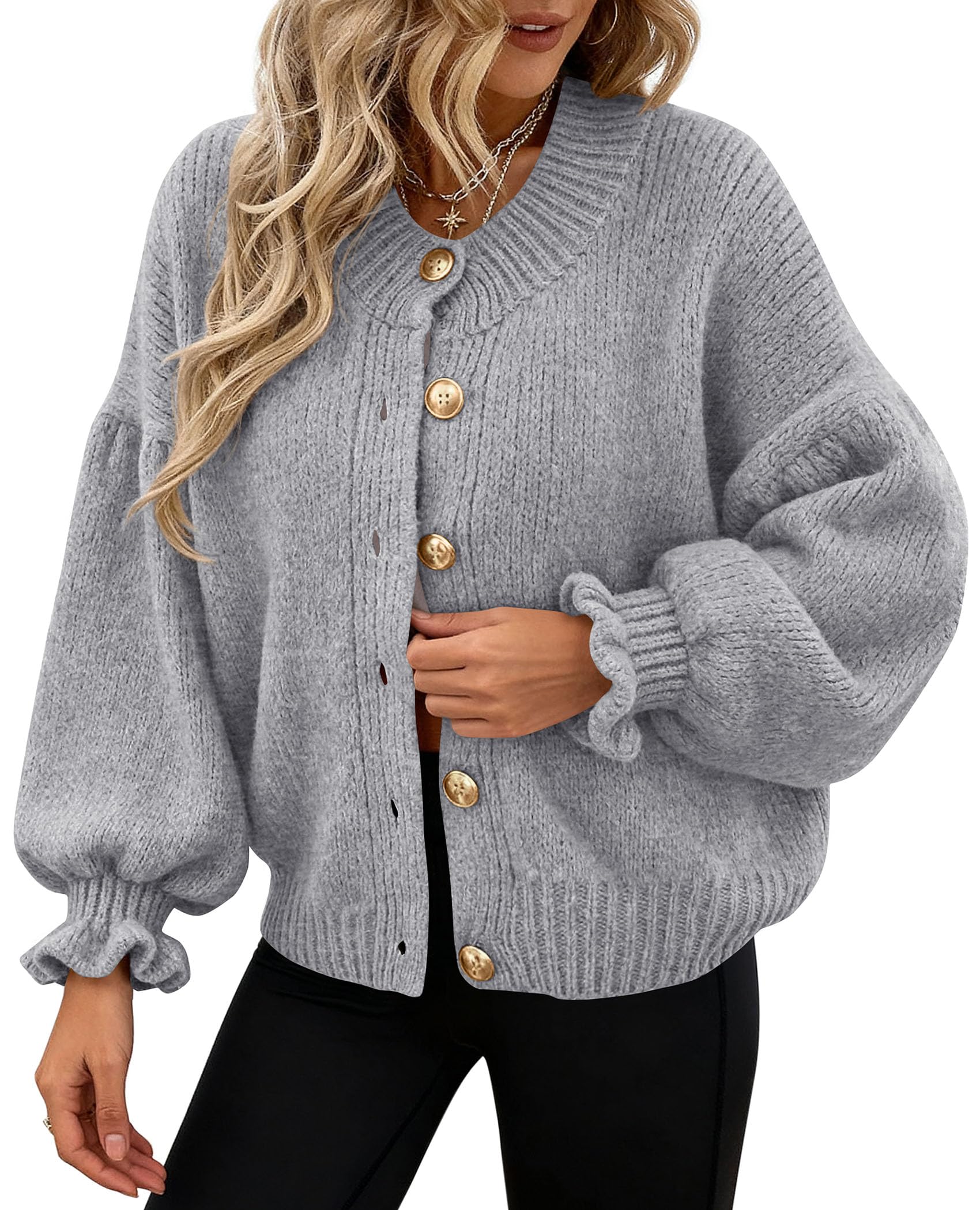 Womens Trendy Ruched Open Front Chunky Knit Oversized Button Down Cardigan Autumn Wear-image-37