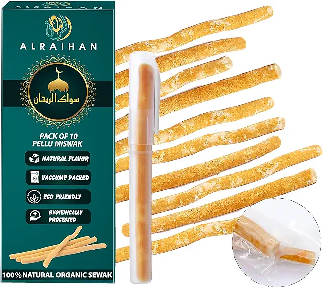 Al Raihan 10 Pcs Miswak Sticks with Holders - Natural Teeth Cleaning Brush