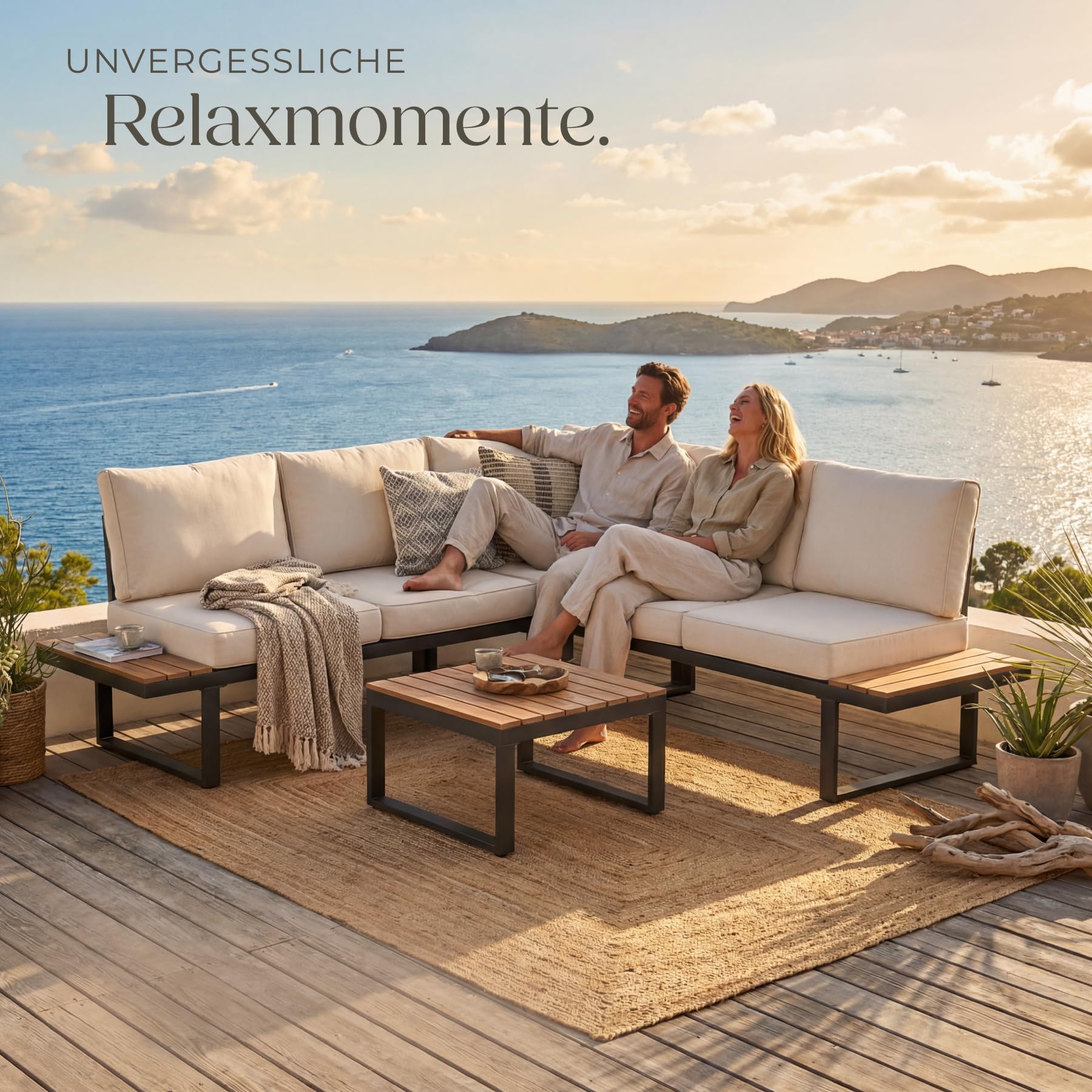 tectake® Gartenlounge Set 4-teilig, wetterfest, Gartenmöbel mit Aluminium-Gestell und Polywood-Tisch, verstellbare Rückenlehne, Gartenmöbel Set mit Kissen, Gartenlounge für Garten, Balkon, Terrasse