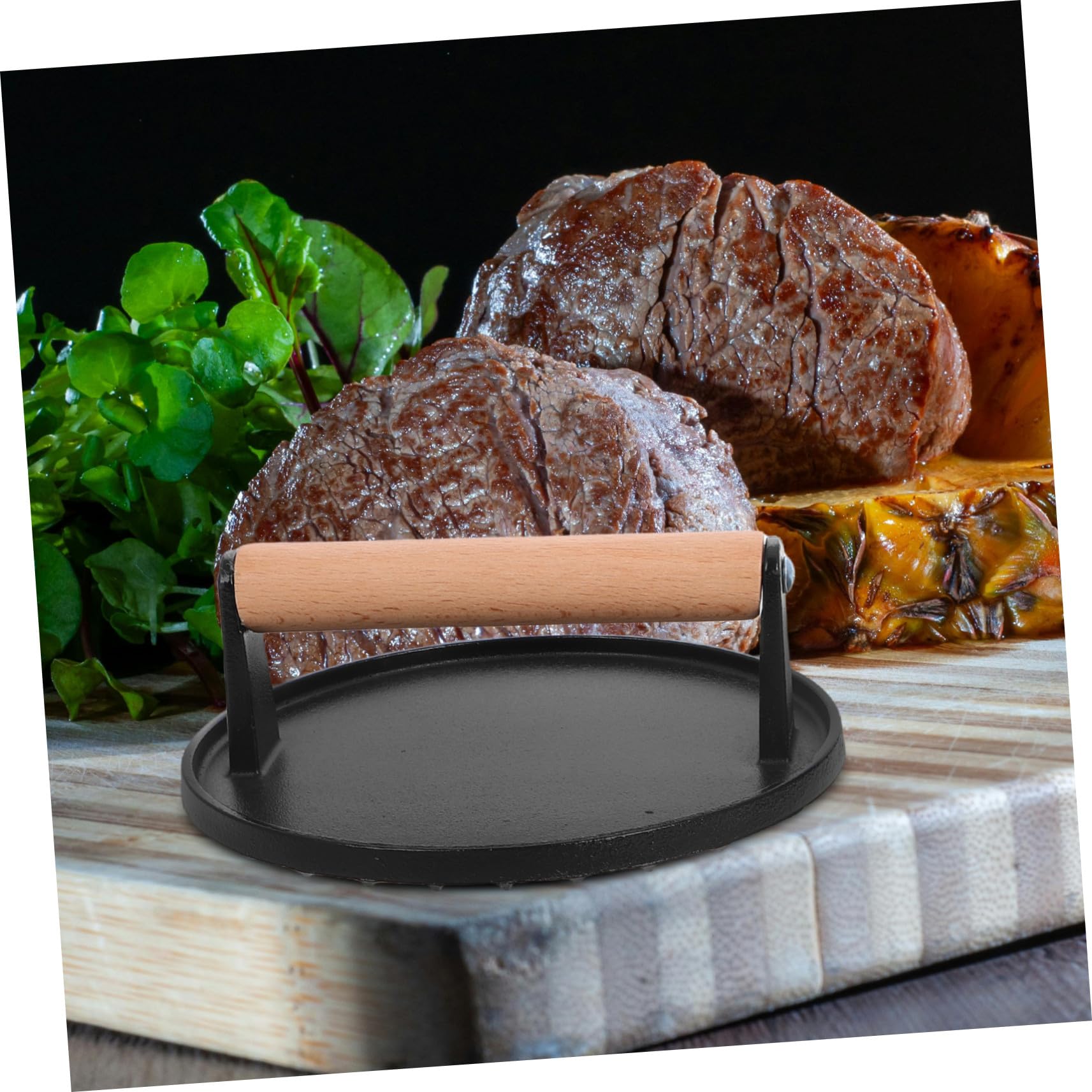 2 Prensas de Hamburguesas Rectangular y Redonda de Hierro Fundido con Mango de Madera Resistentes para Carne y Salchichas en Cocina