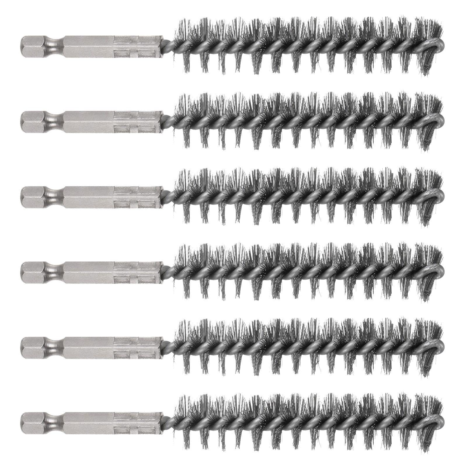 TA-VIGOR 6Pcs Wire Bore Brush 16mm Dia 4.5" Long, 304 Stainless Steel Wire Brush for Drill with 1/4 Inch Hex Shank, Tube Cleaning Brush Pipe Brush for Rust Removal and Bearings, Silver