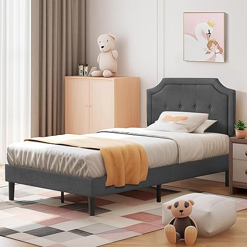 Miniatura 38 de VECELO Base de cama de plataforma de tamaño matrimonial con cabecera tapizada de tela y soporte de listones de madera, no necesita somier, fácil