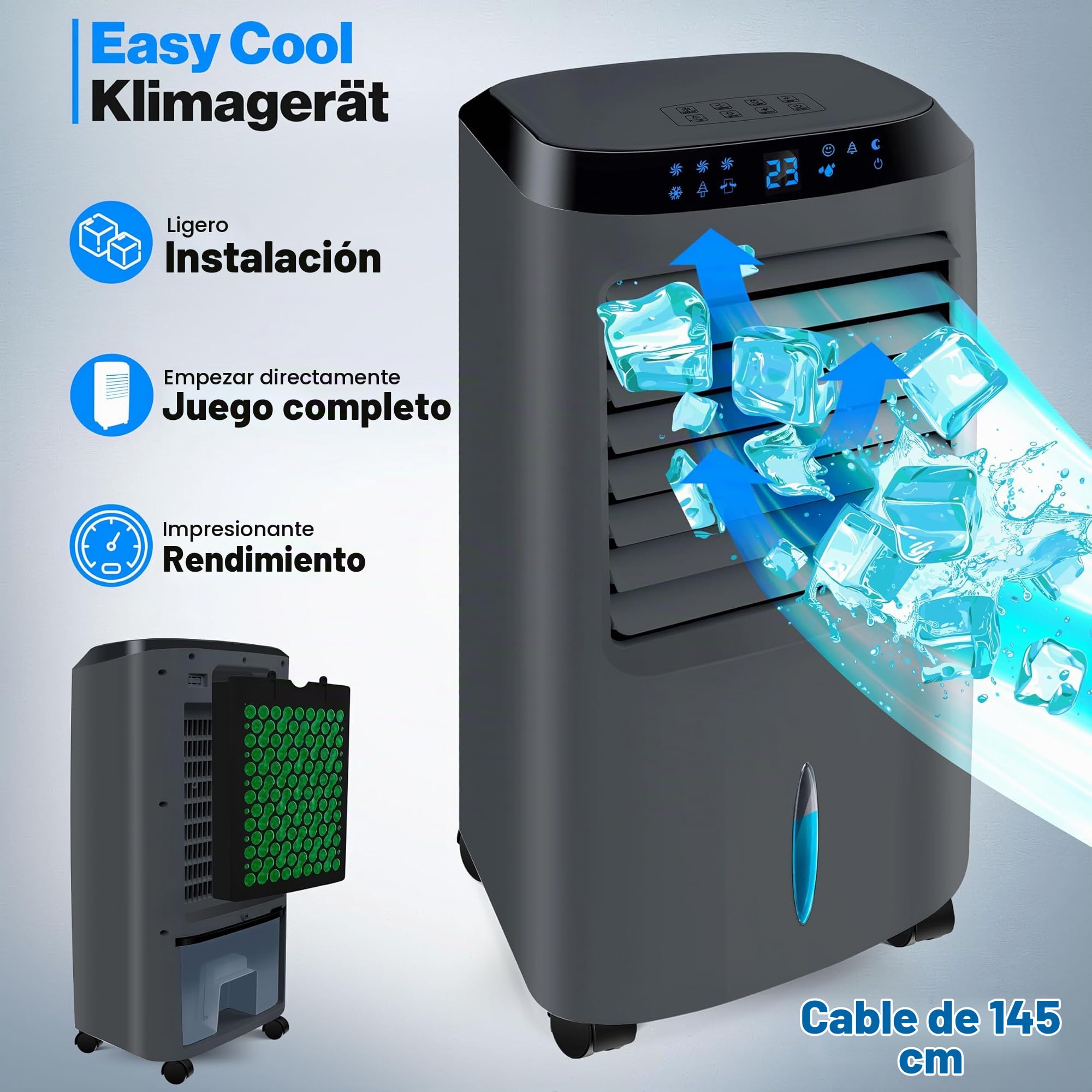 KESSER® Aire acondicionado portátil 4 en 1 – Air Cooler con mando a distancia y temporizador, depósito de agua de 10 litros, ionizador y humidificador, ventilador de aire acondicionado sin manguera de