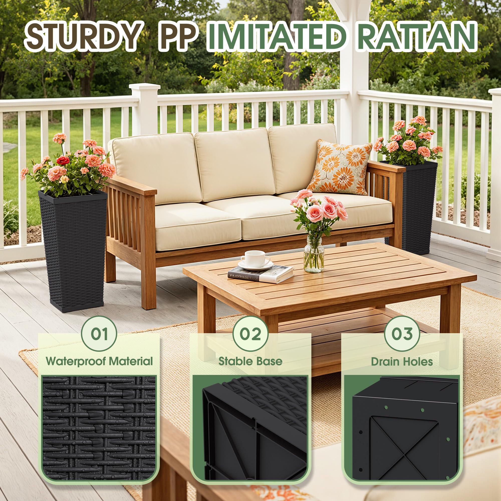Acurax 24 Inch Tall Plastic Planters (Set of 2) with Drainage Holes, Black — product photo