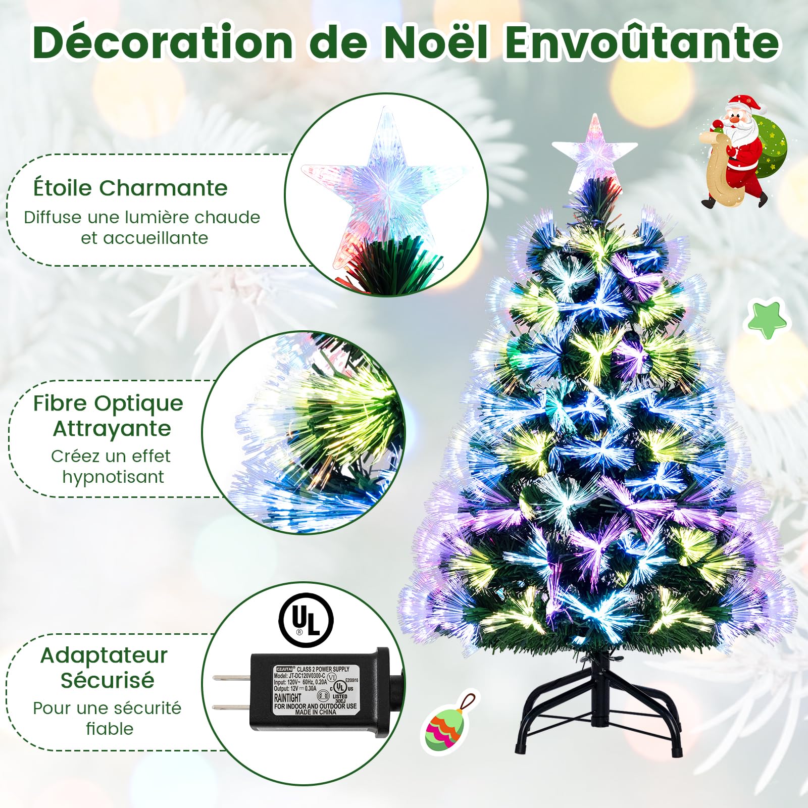 COSTWAY Sapin de Noël à Fibre Optique 95 CM, Sapin Artificiel Pré-éclairé avec 93 Branches, Étoile de Sommet & Pied Métallique Pliable, Arbre Lumineux pour Fêtes de Maison, Bureau, Carnaval