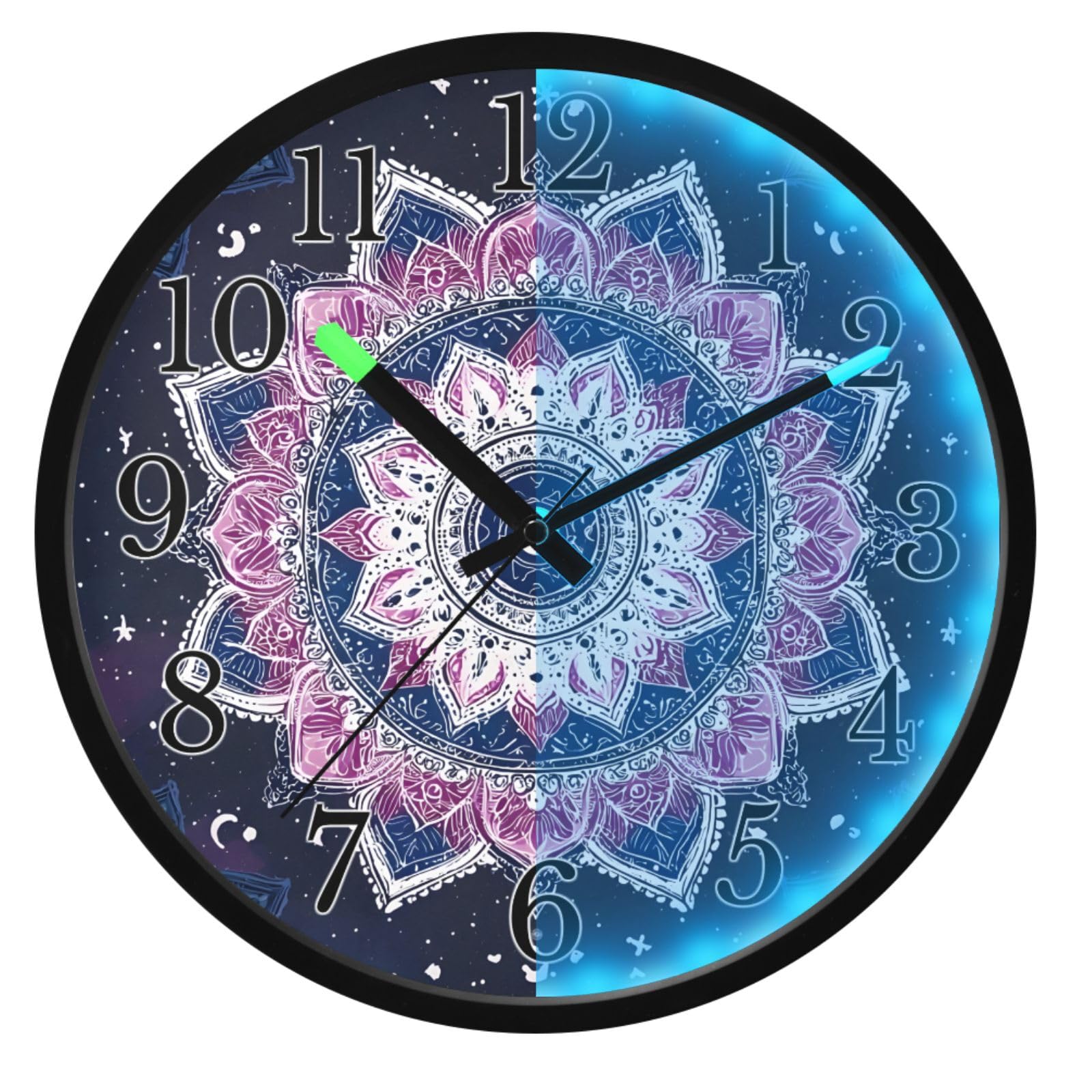 Mnsruu Reloj de pared luminoso con diseño de mandala, luna oscura, reloj de pared que brilla en la oscuridad, funciona con pilas, silencioso, sin tictac, luz nocturna para dormitorio