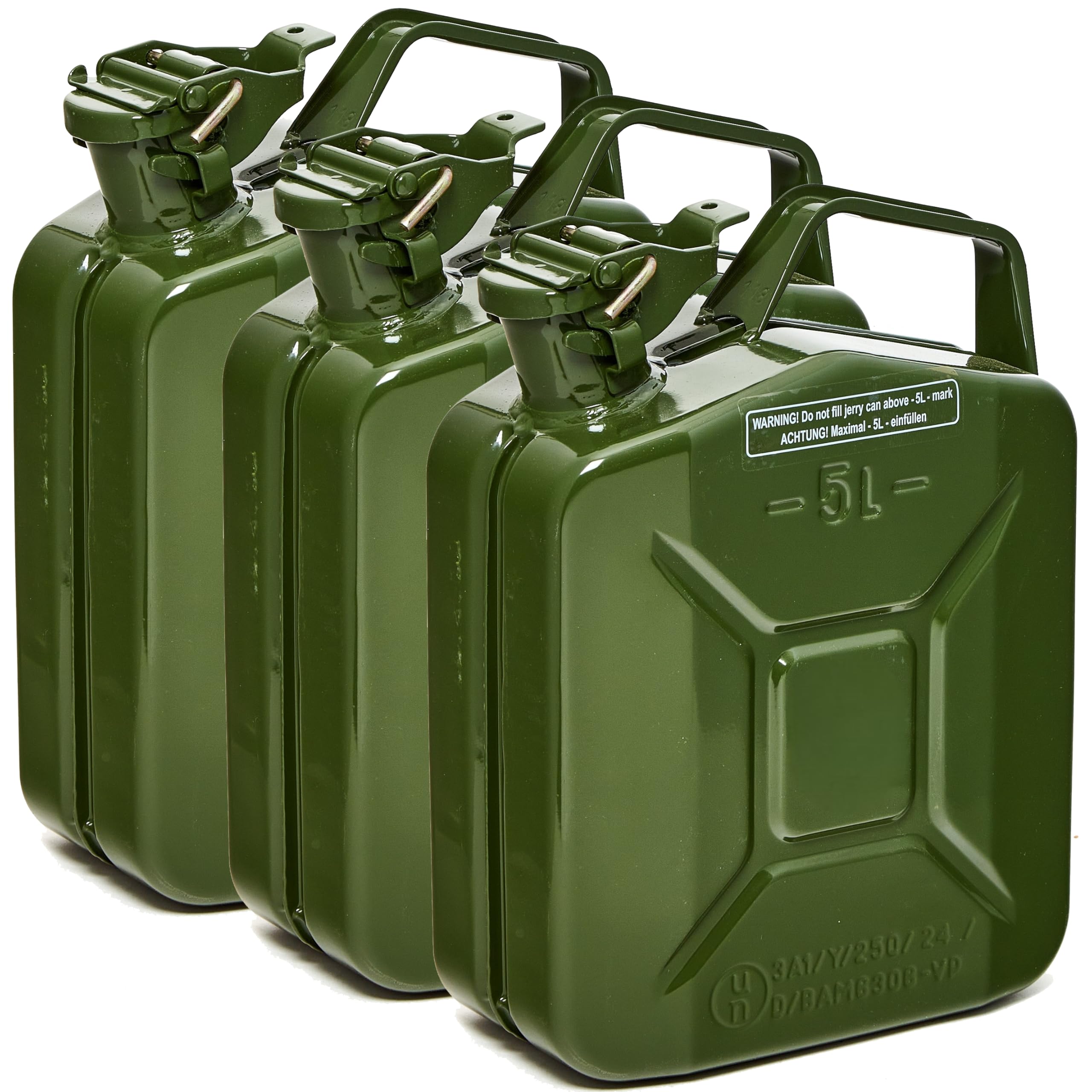 Oxid7® by BW Benzinkanister Metall 3x 5 Liter - Kraftstoffkanister Olivgrün RAL 6003 - TÜV-geprüft, UN-zertifiziert - 0,8mm Stahl DIN 7274 - Für Benzin, Diesel, E10, 2-Takt - Made in Europe