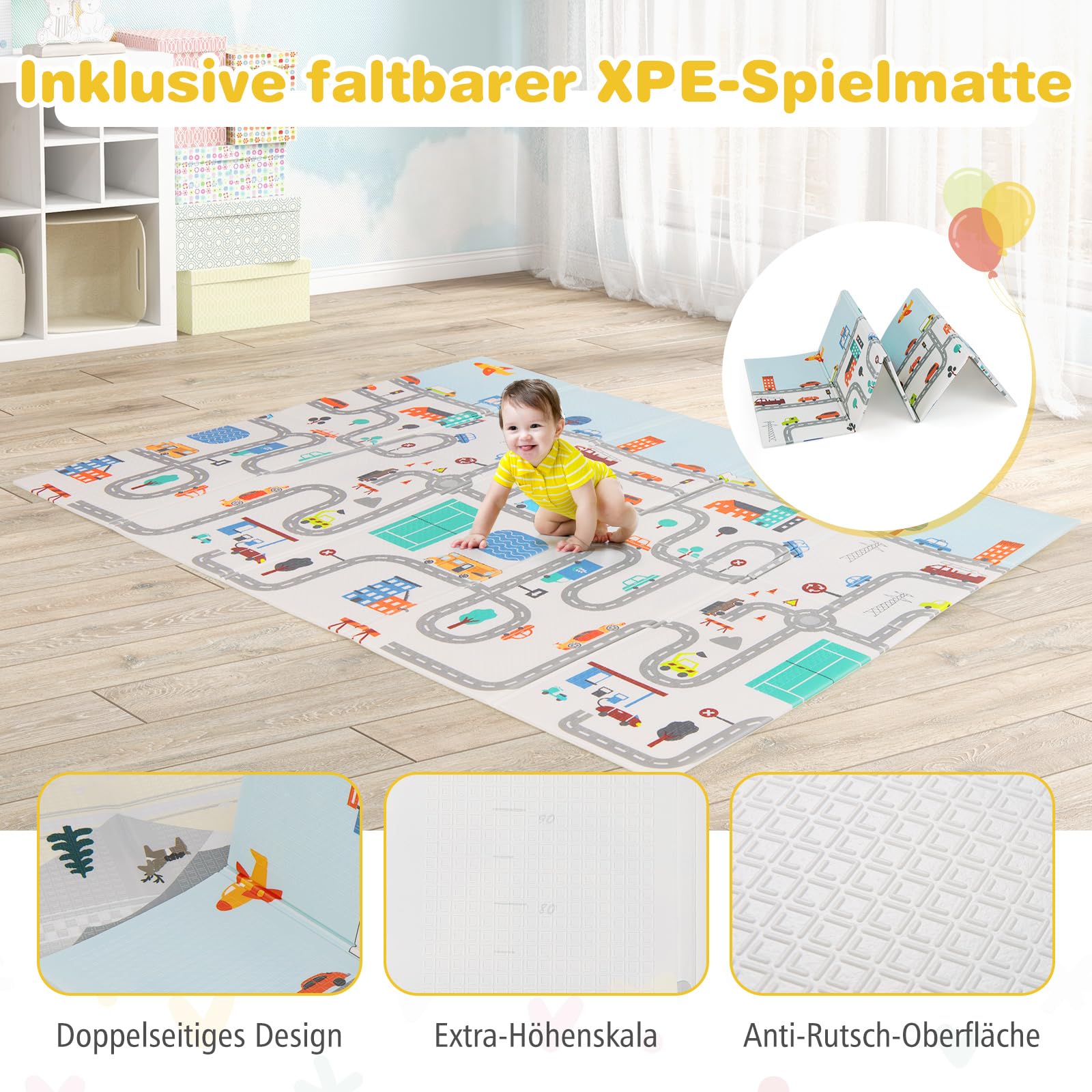 GOPLUS 189x158 cm Laufstall Baby, Laufgitter mit atmungsaktiver Netz, 4 Reißverschlusstür, Tragetasche, 50 Bällen, 4 Haltegriffen, Schutzgitter für Baby 0-3 Jahren (Mit Matratze,Hellgrau)