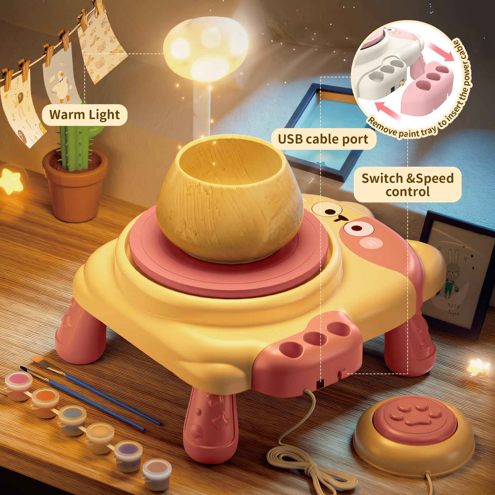 Skirfy Pottery Wheel for Kids Beginners with Light,Arts and Crafts for Kids Ages 8-12,Ceramic Wheel with Painting Kit, Adjustable Speed,Birthday Christmas Thanksgiving Gift for Girls Boys Age 6+