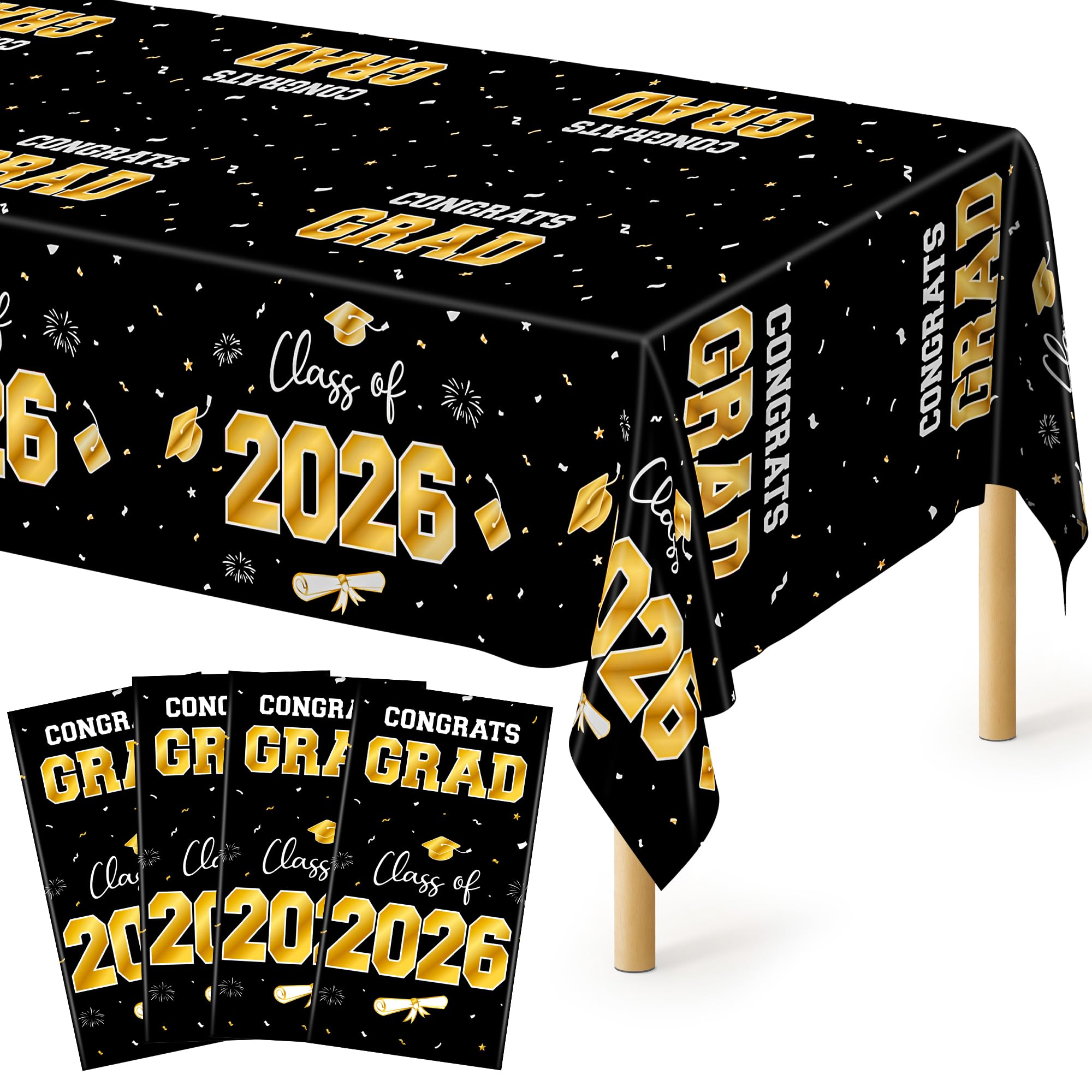 QZYL 4 Pack Graduation Decorations, 54" x 108" Black and Gold Rectangle Graduation Table Cloths, Plastic Tablecover for College Congrats Grad, Disposable Grad Party Decorations for Class of 2026