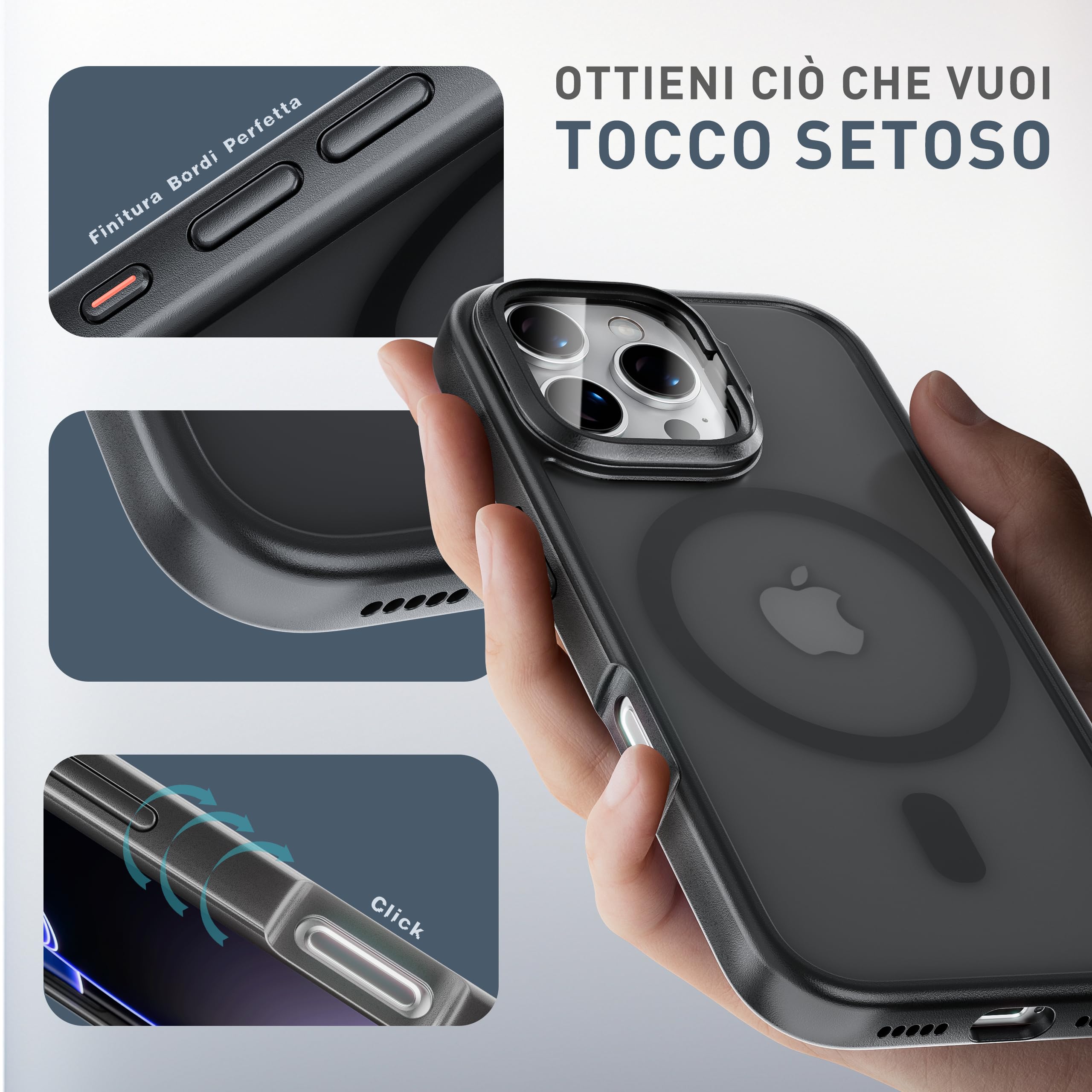 tigratigro Cover con Cavalletto,Compatibile con iPhone 16 Pro Max,Protezione Fotocamera H9 vetro temperato,Custodia Posteriore Glassata Traslucida, Anti-Impronte,Sensazione di Velluto (Nero)