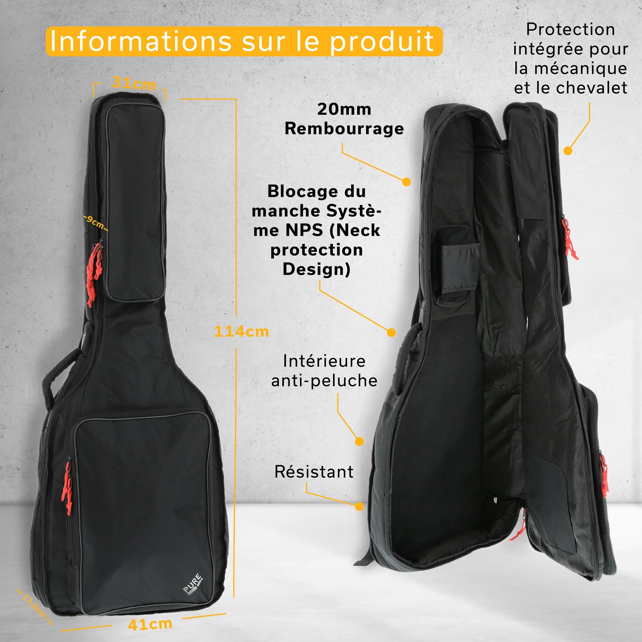 GEWA pure Série de Housse de Guitare 120 pour Guitare Folk noire, rembourrage en mousse de 20mm