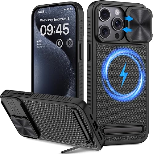 Vihibii Funda magnética fuerte para iPhone 15 Pro Max, compatible con MagSafe, soporte integrado y cubierta de lente deslizante, probada en caídas