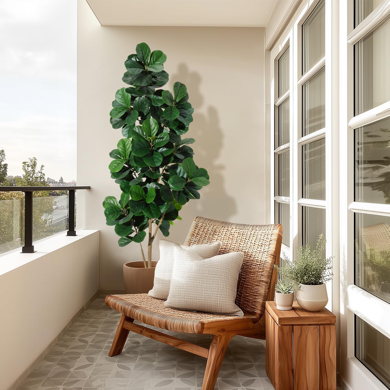 Kunstpflanze Geigenfeige 210cm, Mit 141 Blättern & Natürlichem Stamm Im Weißen Blumentopf Mit Kieseln, Ficus Lyrata XXL Kunstpflanze Wie Echt Für Wohnzimmer Büro Wintergarten Deko, Einfache Montage
