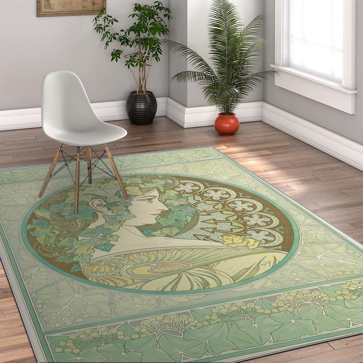 Tapis 120x180cm Vintage Vert Sauge pour Chambre Bohème carpette botanique Lavable à la Machine Descente de lit Grand Style Alphonse Mucha Motif Portrait Dame Victorienne avec antidérapant