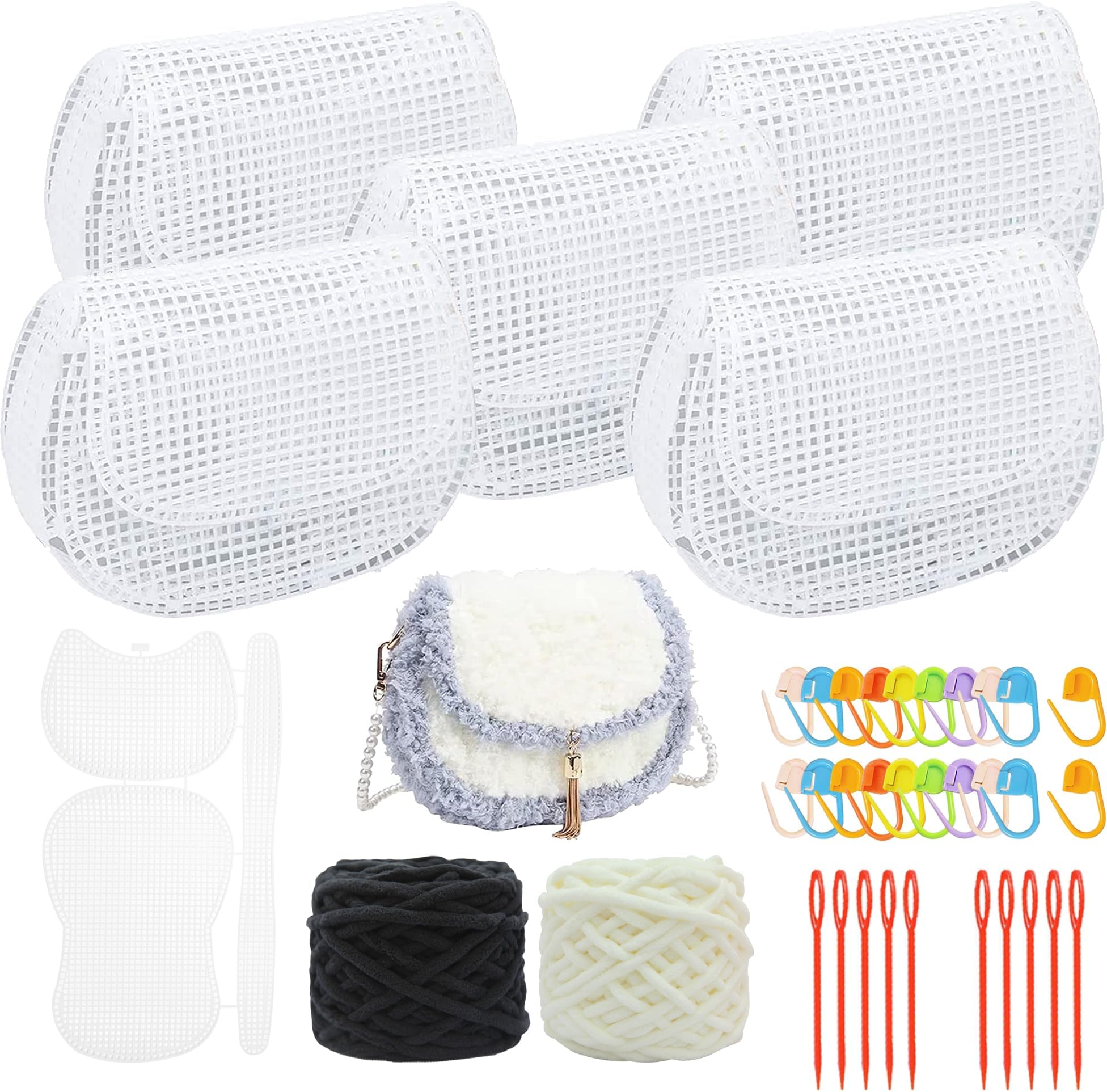 Allazone 37 PCS Clear Mesh Canvas Sheets for Embroidery, Mesh Sheets with 2 Color Acrylic Yarn for DIY Sewing Bag