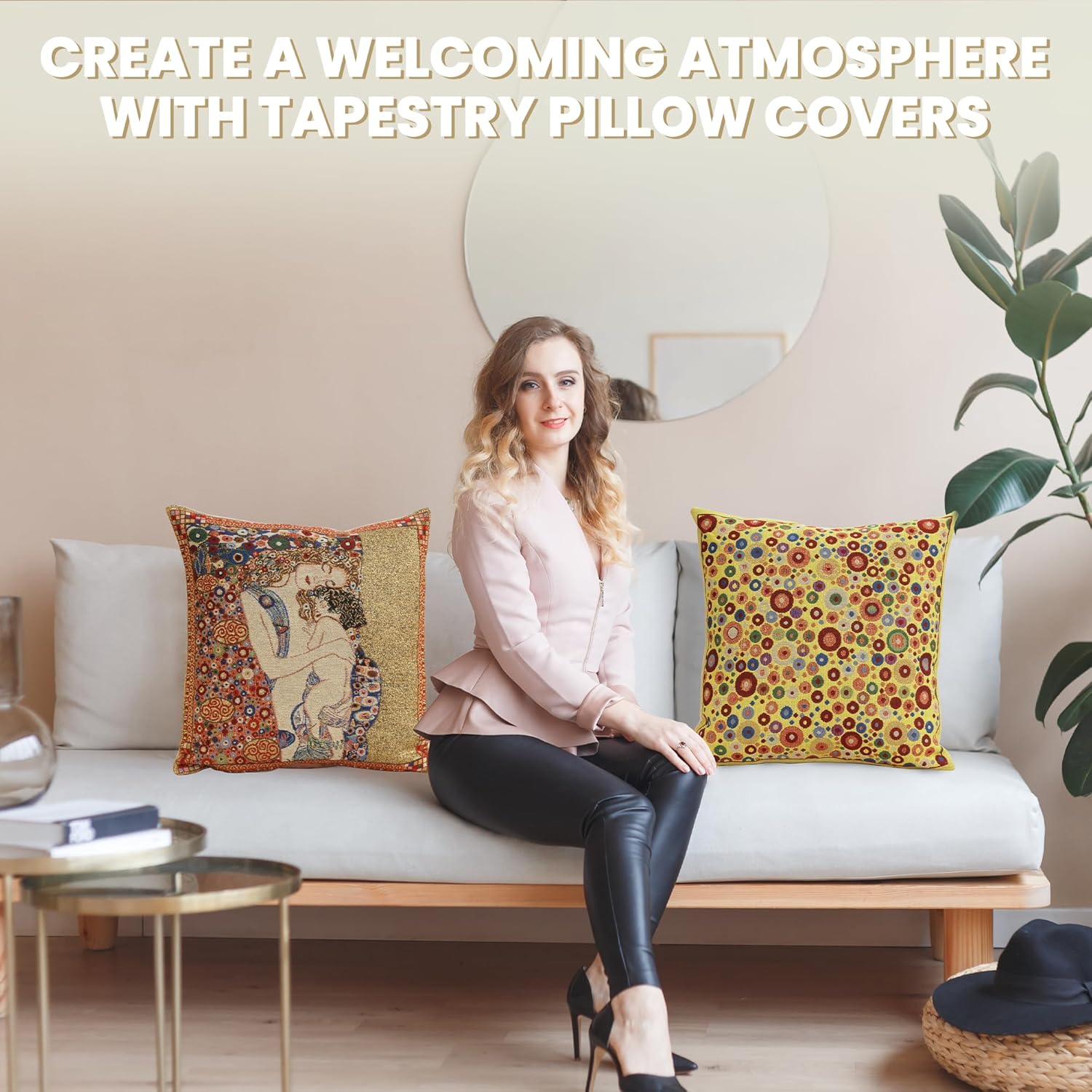 Charlotte Home Furnishings Decorative Pillow Covers for Bed 16x16 in, Tapestry Throw Pillow Cover for Couch and Living Room, Mere Et Enfant Belgian Boho Sofa Cushion Cases, Soft Cotton Jacquard Woven