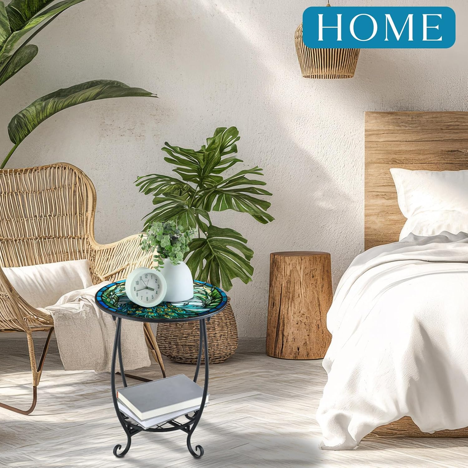 outdoor side table round small mosaic patio accent indoor end plant coffee tea table for yard patio porch garden living room, bedroom(peacock style,14 inch) 14 inch peacock style
