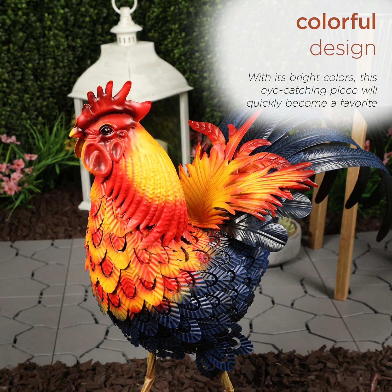 Vibrant Multicolor Steel Rooster Garden Statue, 25"