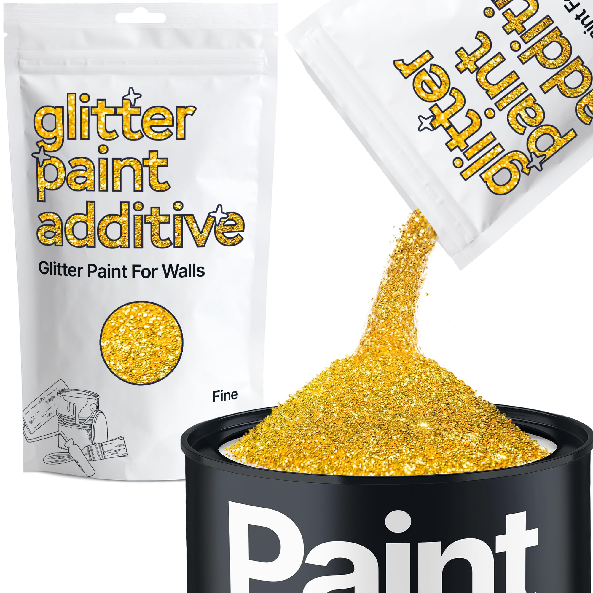 Hemway Glitter Paint Additive Crystals for Acrylic Emulsion Paint, Interior & Exterior Walls, Wood, Varnish, Matt, Gloss, Furniture 100g / 3.5oz - Fine (1/64" 0.015" 0.4mm) - Gold