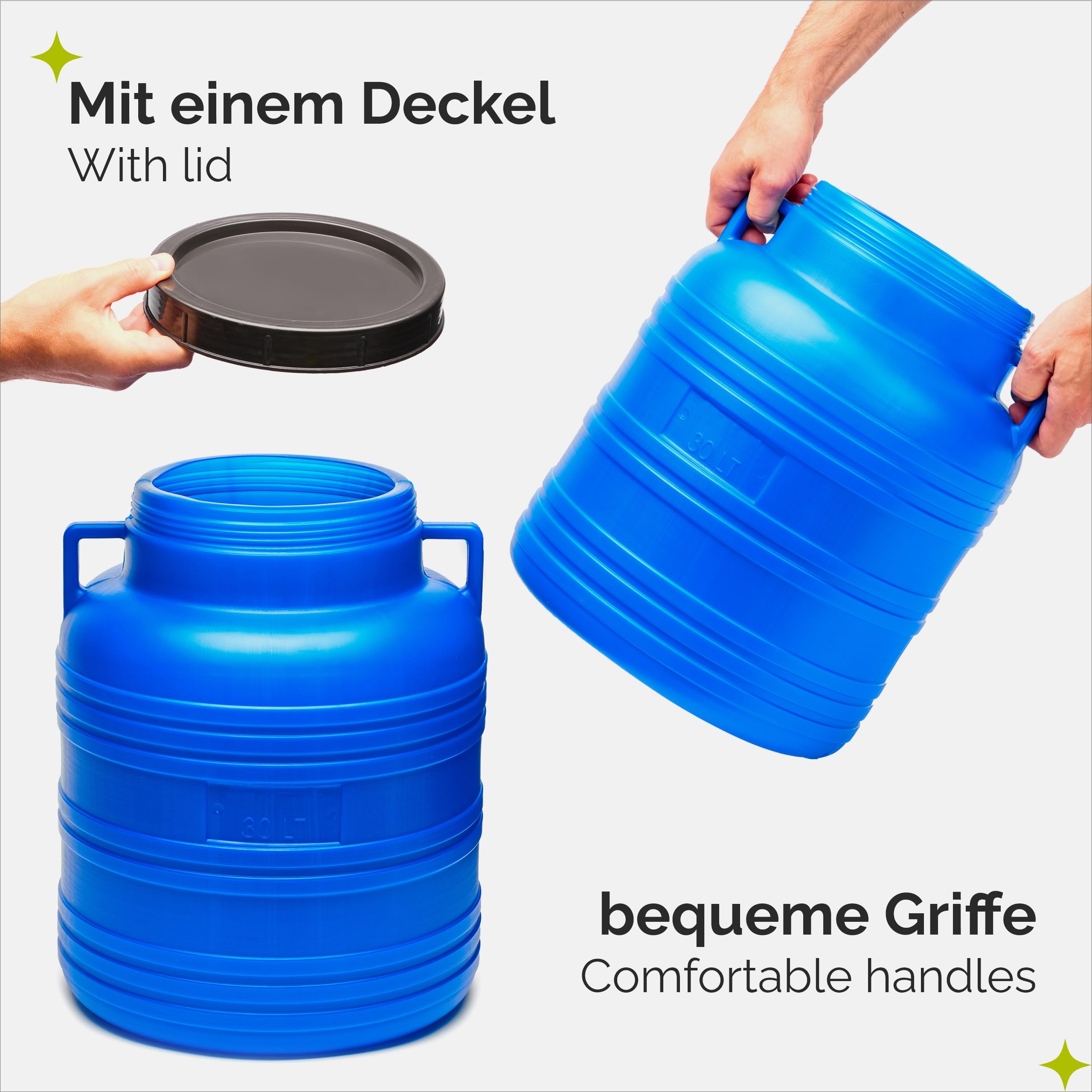Garronda Set 2X 30 Liter Weithalsfass BPA-frei Futtertonne Fass Universalfass Lebensmittel Fass Regenfass für Garten Regentonne mit Deckel Regenwassertonne für Garten Wassertonne GD-0121 Blau