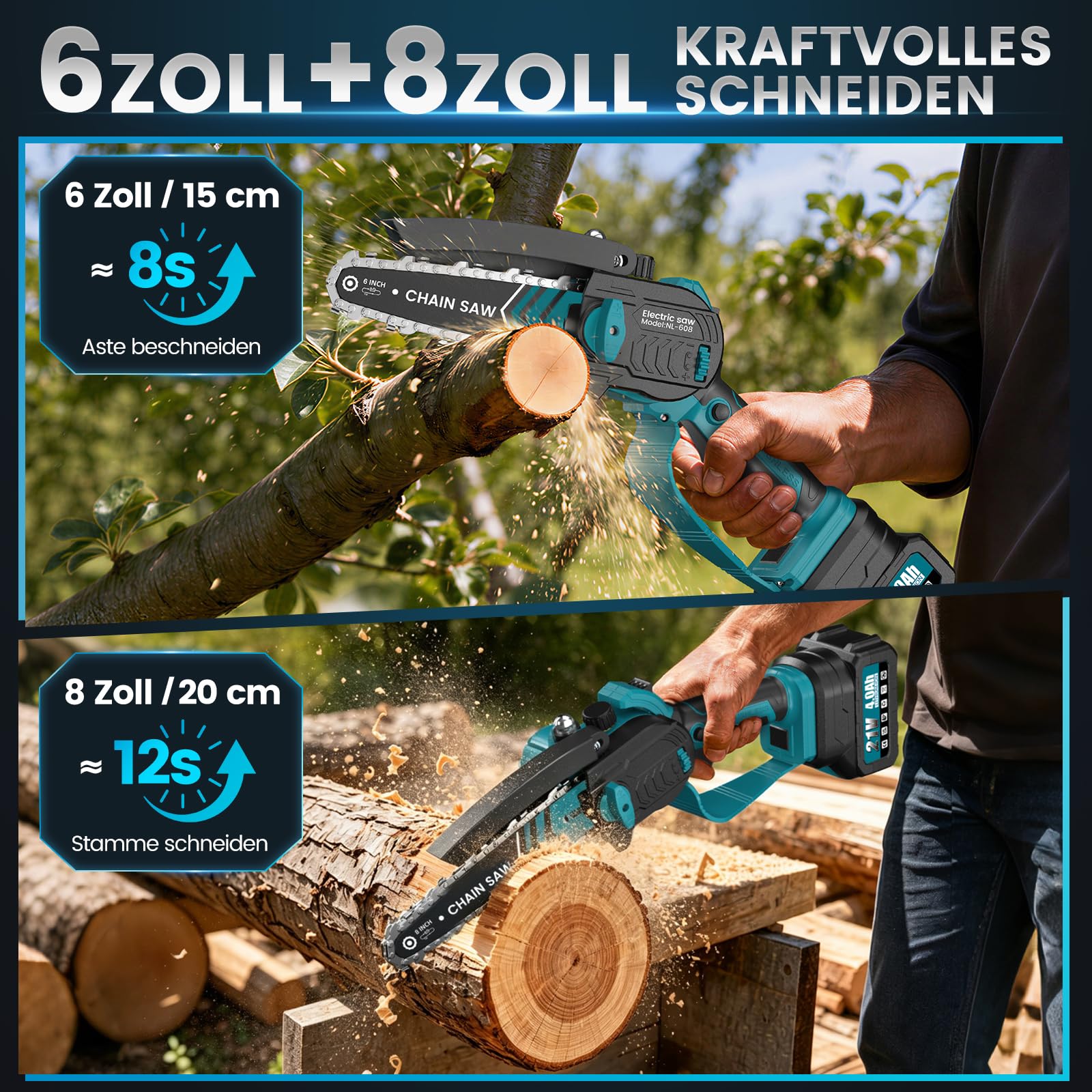 Mini motosierra con batería de 8 y 6 pulgadas con baterías de 2 x 4 Ah