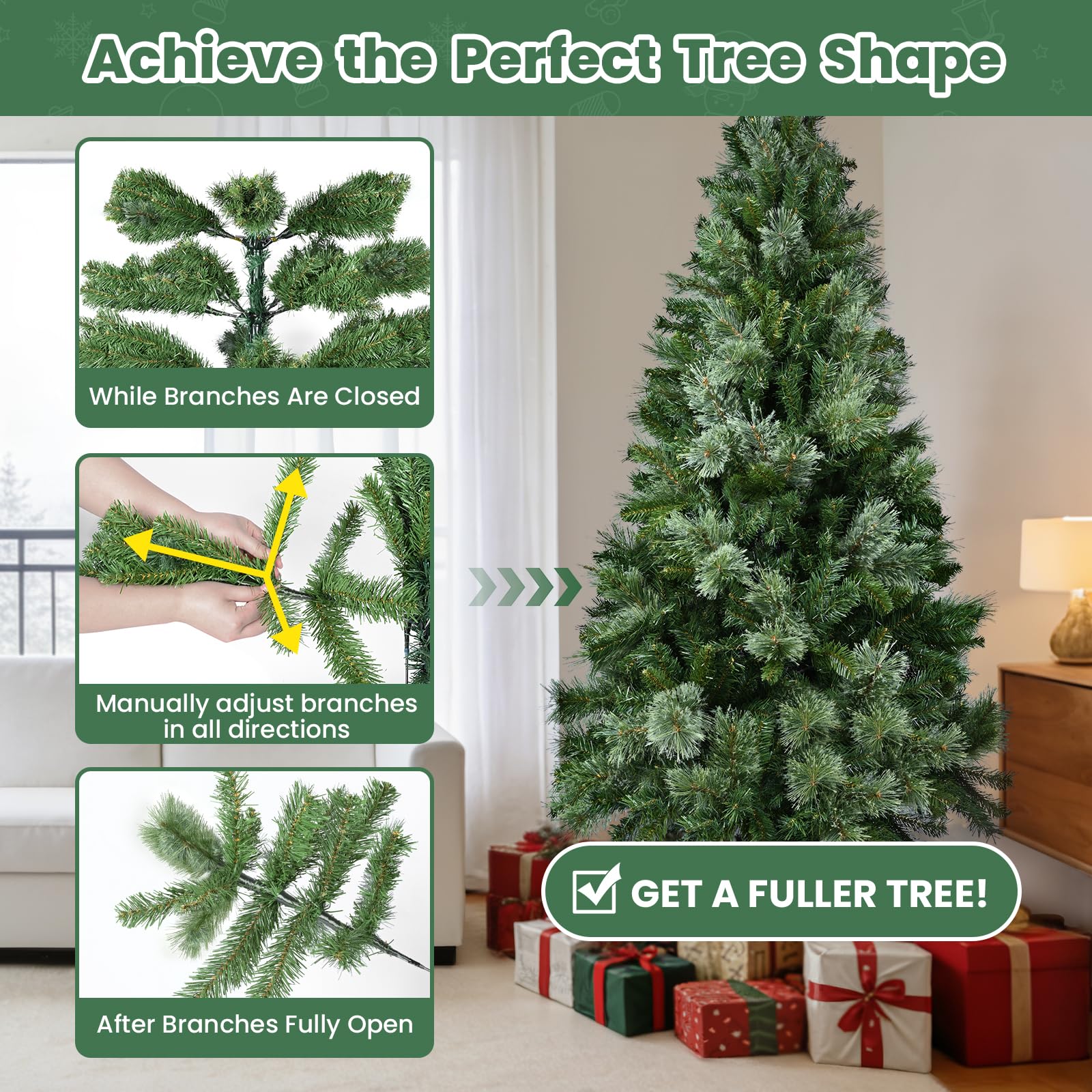 YEAUPE PRO Sapin de Noël Artificiel en PVC 160cm avec 800 Pointes, 3 Parties pour Montage Facile, Compact, Support Métallique