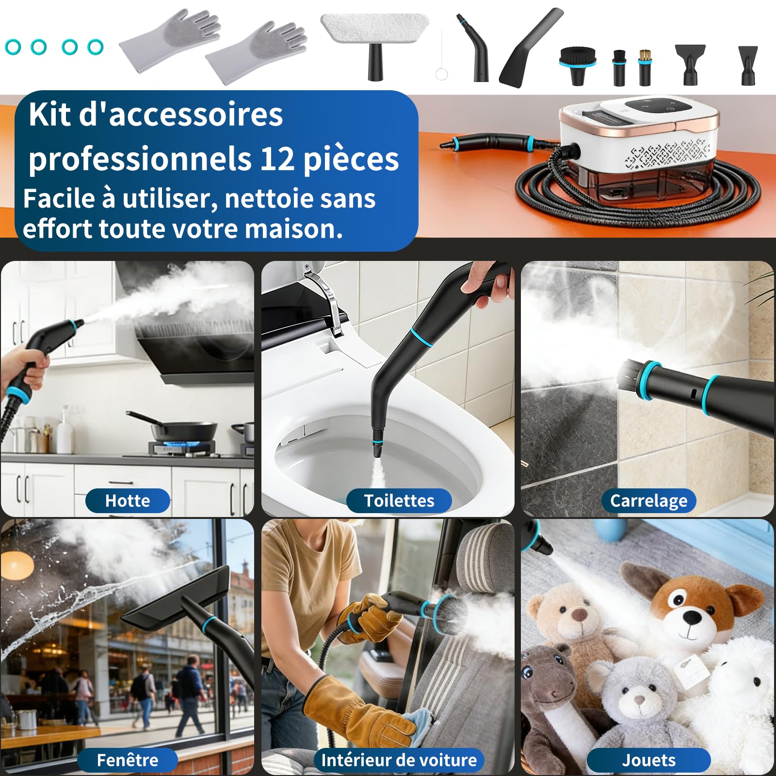 Nettoyeur vapeur portatif, 2500 W, 8 buses, 6 niveaux de vapeur, réservoir de 1250 ml, Nettoyeur Vapeur à Main pour Fenêtres, Cuisine, Voiture, Salle de Bain (Blanc 1)