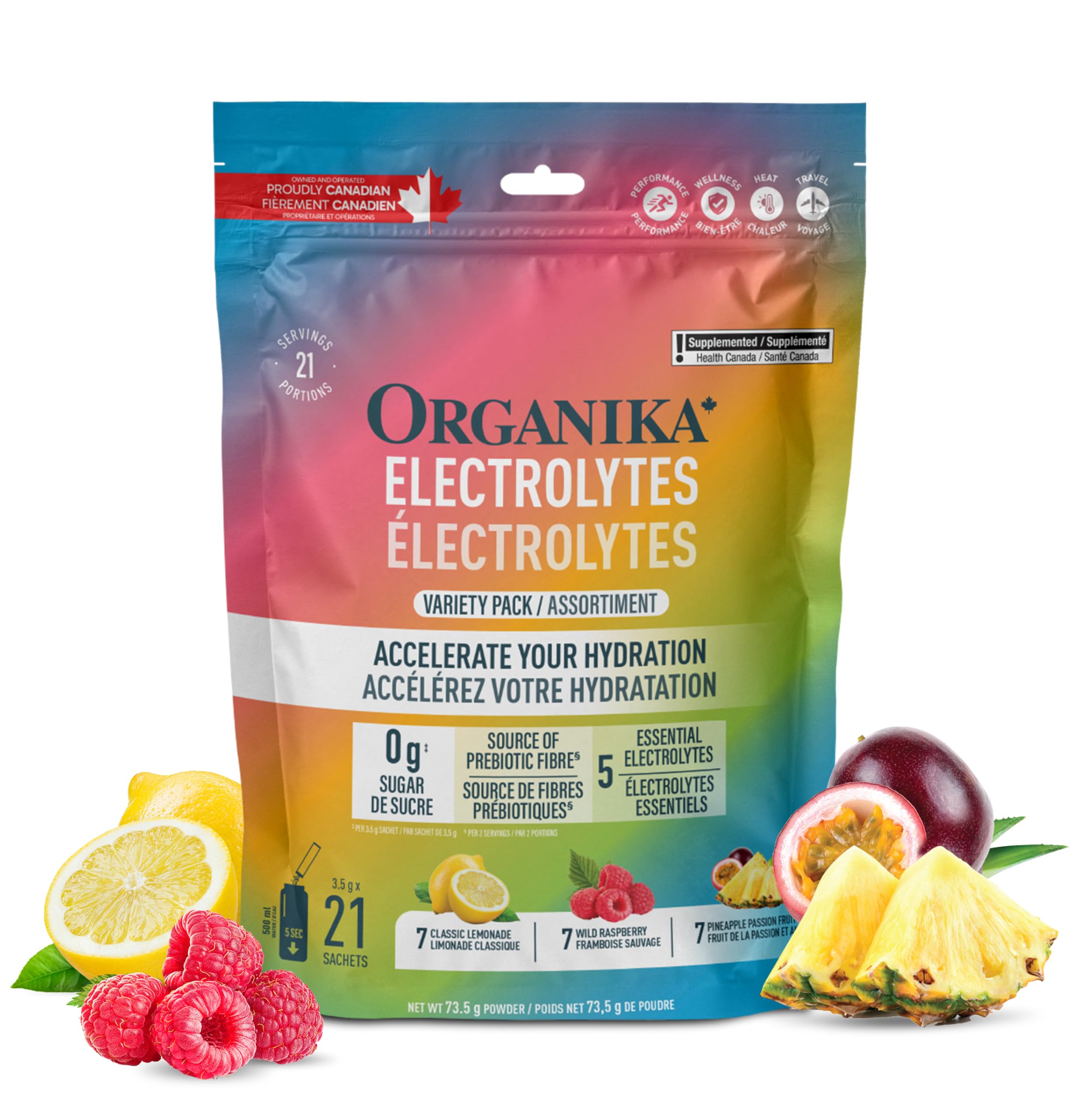 Organika Canadian-Made Electrolytes Powder - Variety Pack Sachets (Raspberry/Lemonade/Pineapple) On-the-Go Sugar-Free Hydration and Electrolyte Replenishment with Prebiotics and Vitamin C, 3.5g x 21ct