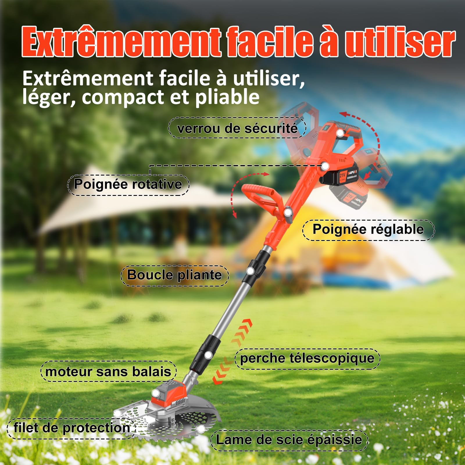 Debroussailleuse Electrique sans Fil, 21V Coupe Bordure sans Fil avec Batterie, Batterie Debrouissalleuses avec 3 Lames, Débroussailleuse Rétractable Convient Aux Jardins et Aux Pel (Rouge-1)