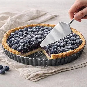 9 Inch Perforated Tart Pan with Removable Bottom and Cake Server - Non-Stick Carbon Steel