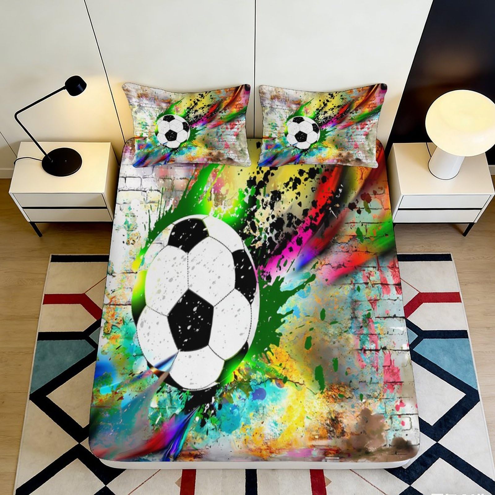 3D Printed Graffiti Soccer Fitted Sheet Microfiber Vibrant Football Bed Cover Splash Art for Bedroom Decor 90x200x25cm