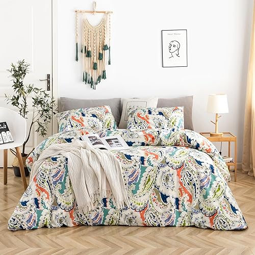 YuHeGuoJi Juego de funda de edredón de cachemira bohemio, 100% algodón, tamaño King, juego de ropa de cama de 3 piezas, 1 funda de edredón con