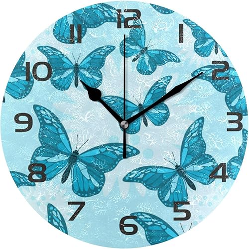 Reloj de pared bonito azul mariposa 10 pulgadas silencioso sin tictac calidad cuarzo funciona con pilas, redondo digital fácil de leer para el