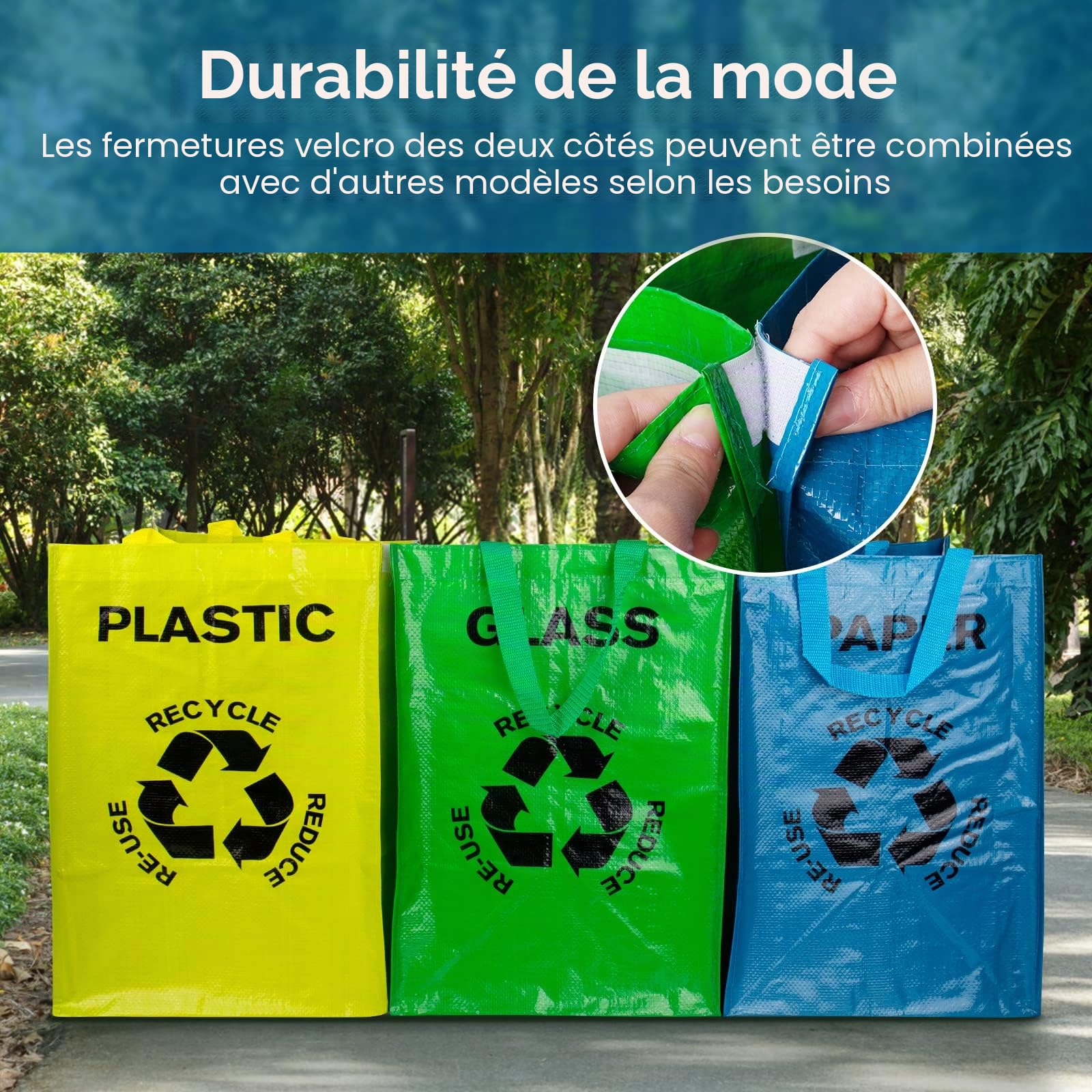 Sacs de Tri Selectif Lot de 3 Poubelle Tri Selectif 3 Bacs pour le verre, le papier et le plastique,Poubelle de Tri pour Déchets et Recyclage de Grande Capacité 40L pour Extérieur/Intérieu