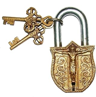 Brass Door Padlock Fully Functional Handmade Antique Design with Keys Unique Collectible Locks Combination of Style & Security (Jesus-Brass)