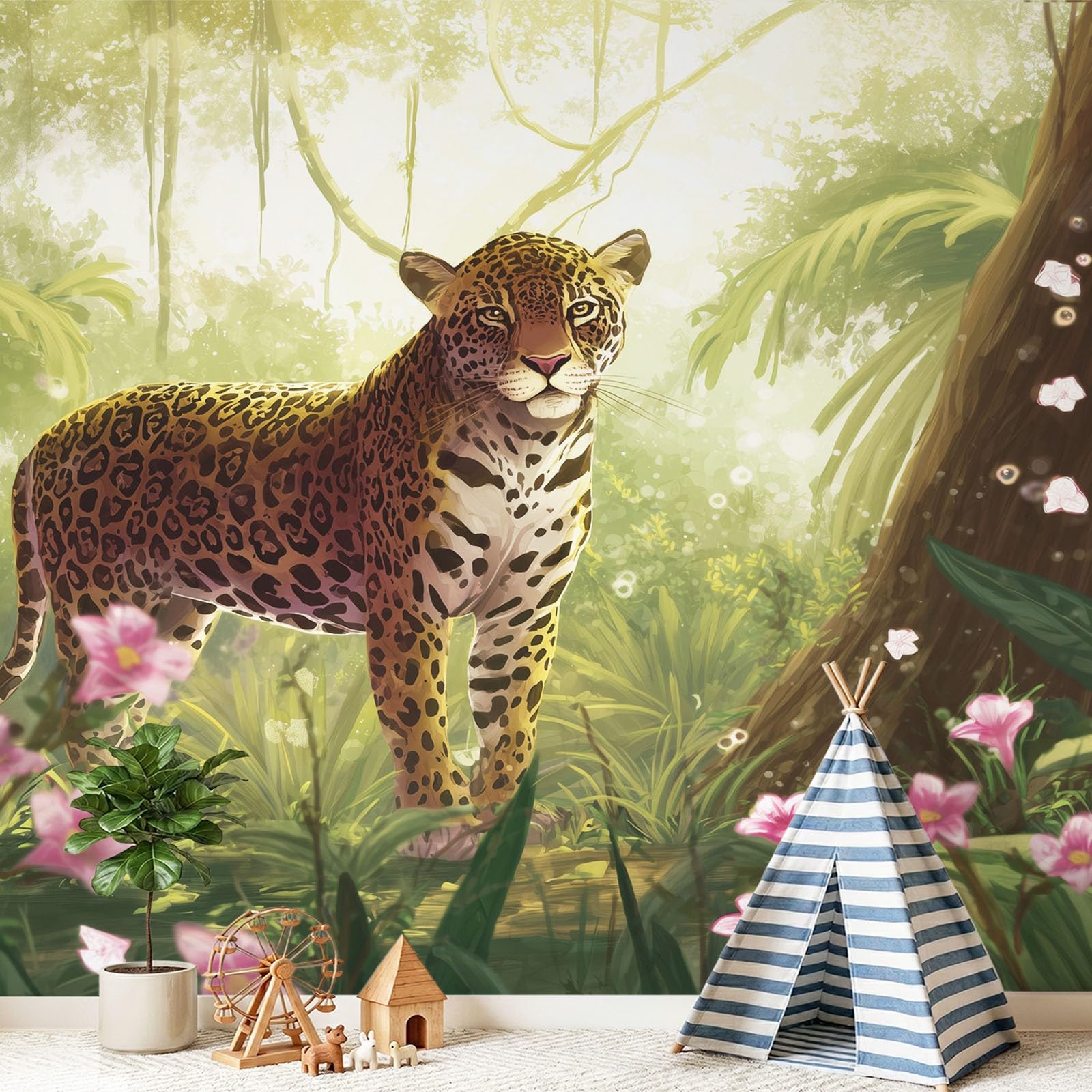 Generisch Tapete Vintage Tier - Leopard Blumen Muster- Vliestapete Wand Deko Mustertapete Modern Wandtapete Wanddeko - Motivtapeten - 350 x 256 cm