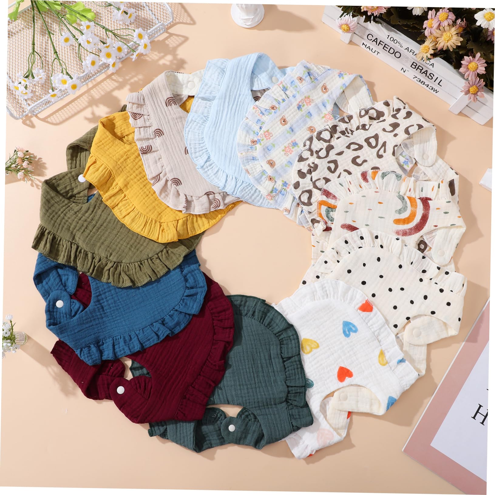 12 Stück Spucktücher Baumwolle Muslin für Kleinkinder Saugfähige Dreieckstücher mit Druckknopfverschluss Unisex Vielseitige Designs für Neugeborene und Kleinkinder