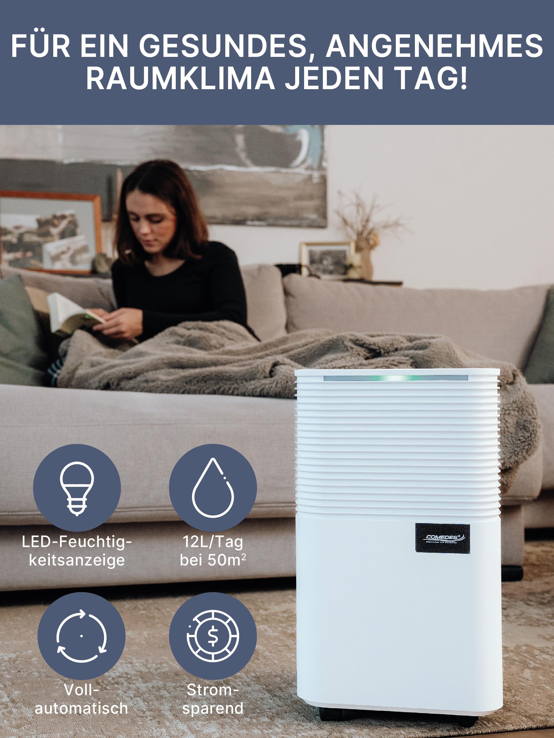 Comedes® Demecto 12 l/ 24 h – cichy osuszacz z rolkami – ciche i energooszczędne osuszanie powietrza do pomieszczeń mieszkalnych i biur do 25 m²/125 m³ – Demecto 12 Dehumidifier