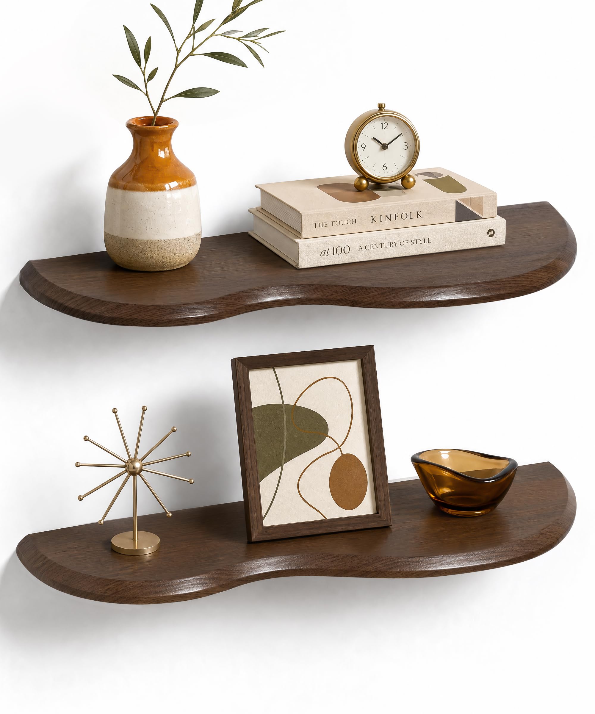 Afuly Étagères Murales Design à Bord Ondulé, Couleur Noyer, Lot de 2, 60 cm