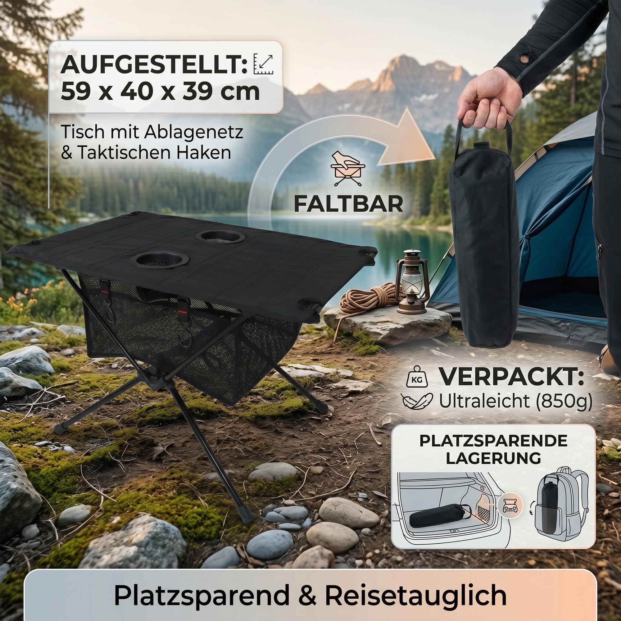 Campingtisch Klappbar Aluminium, Schwarz, 60x39x37cm | Ultraleicht, Taktisch, Aufbewahrungsnetz & 4 Haken, Tragbar, Für Camping, Picknick, Angeln, Grillen