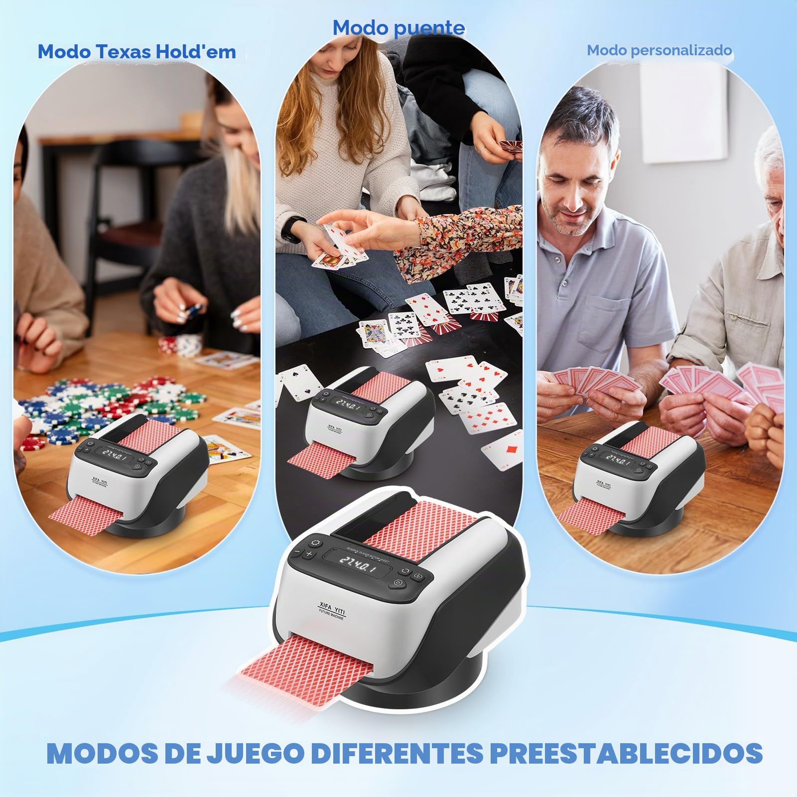 Automático y dispensador de Cartas, 8 Jugadores Ajustables, Capacidad para hasta 4 Barajas, Base giratoria de 360°, Modos de Tarjeta Diagonal/oscilante para póquer, UNO