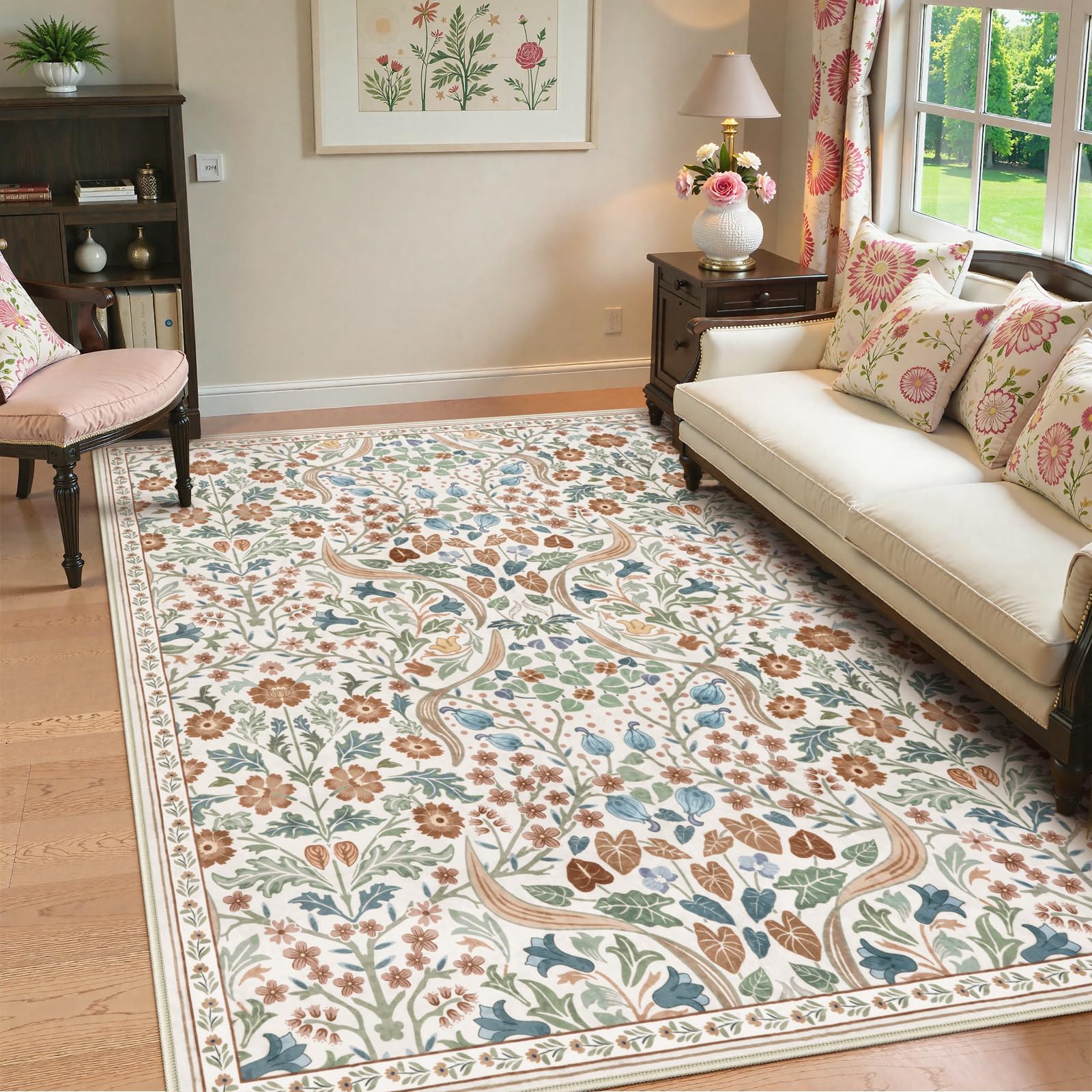 Lahome Floral 5x7 Beige Bedroom Rug, Non-Slip Washable Area Rugs for Nursery, Botanical Soft Boho Carpet Floor Mats for Kids, Playroom, Living Room