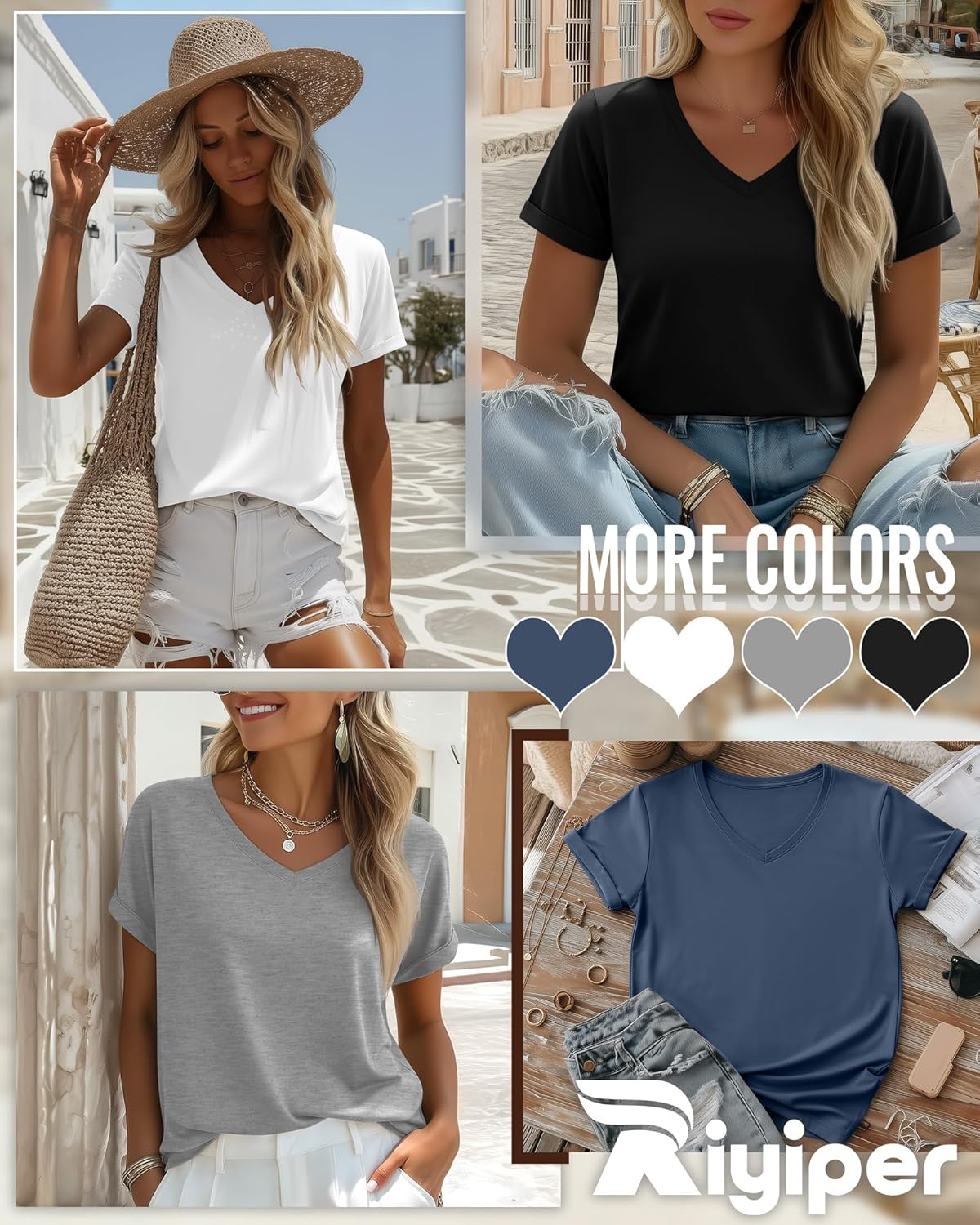 Riyiper 4 Pack Women's V Neck T Shirts, Summer Casual Short Sleeve Tops Loose Rolled Sleeve Tees Trendy Shirts - Image 5