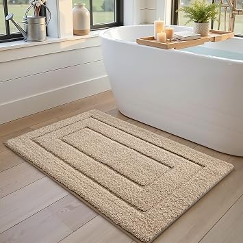 DEXI Bathroom Rug 24x16, Non Slip Washable Bath Mat for Shower Floor, Absorbent Soft Bathmat with Rubber Backing, Quick Dry Microfiber Carpet, Beige