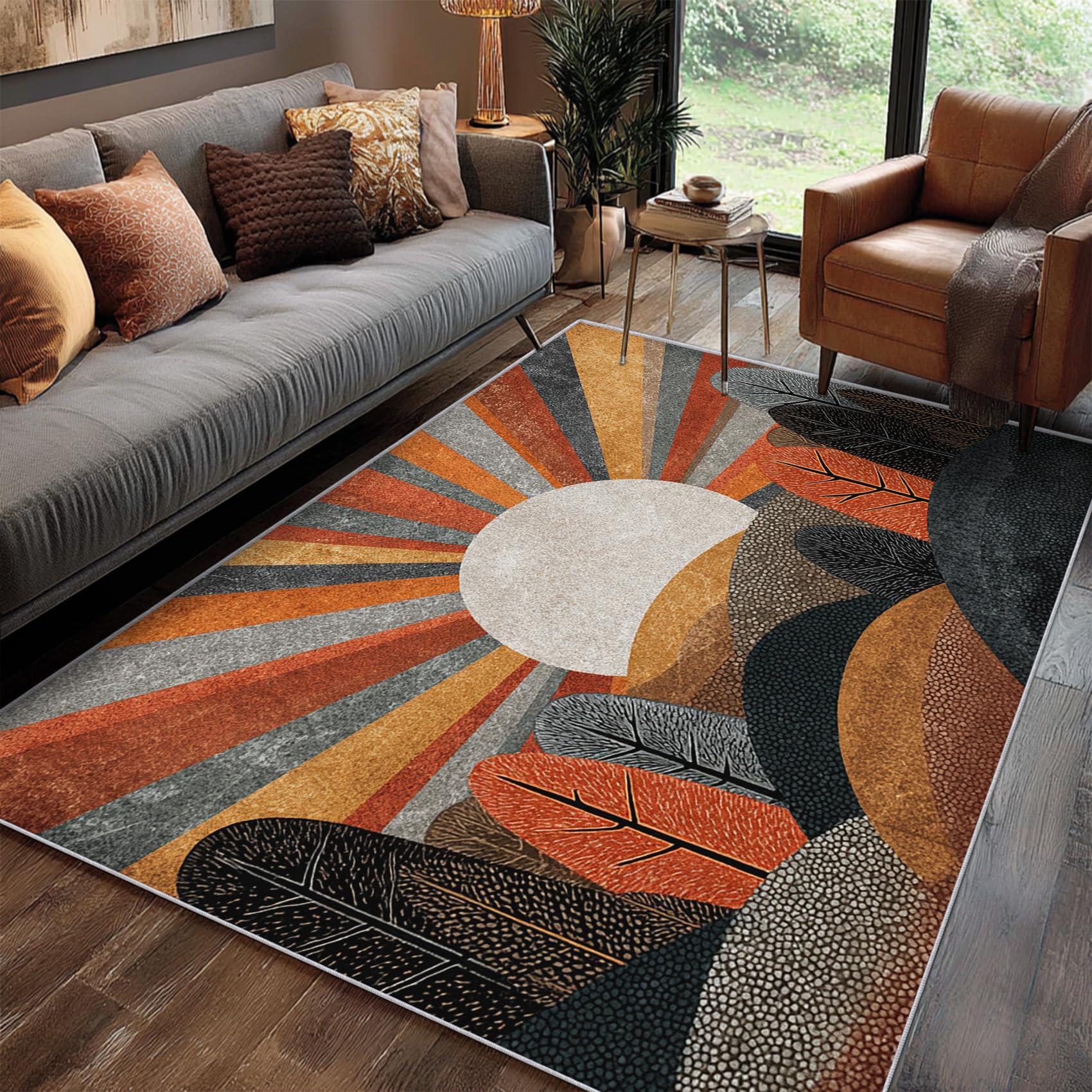 Generisch Boho Teppich 160 x 230 cm Wohnzimmer Mit Sonne Berg Baum Muster, Boho Bettvorleger Schlafzimmer Deko, Waschbar Teppiche Gegend Kurzflor rutschfest,j1d528