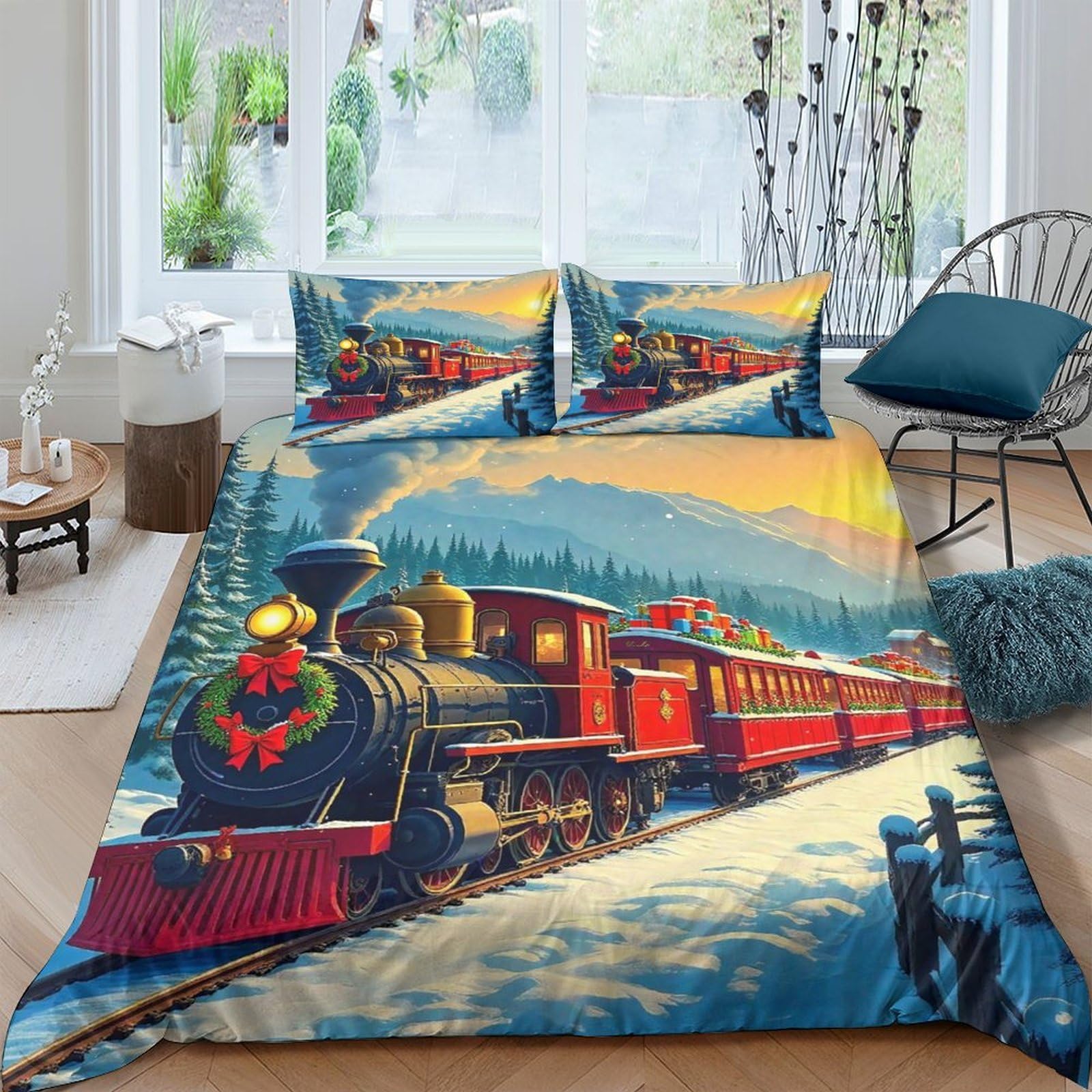 Housse de couette steam train pour chambre de garçon parure de lit vintage double 200x200