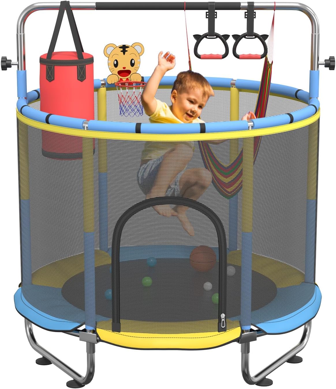 60" Trampoline for Kids, 500lbs Capacity Indoor Outdoor Toddler Trampoline with Adjustable Gymnastics Bar, Gifts for Boy Girl Age 1-8