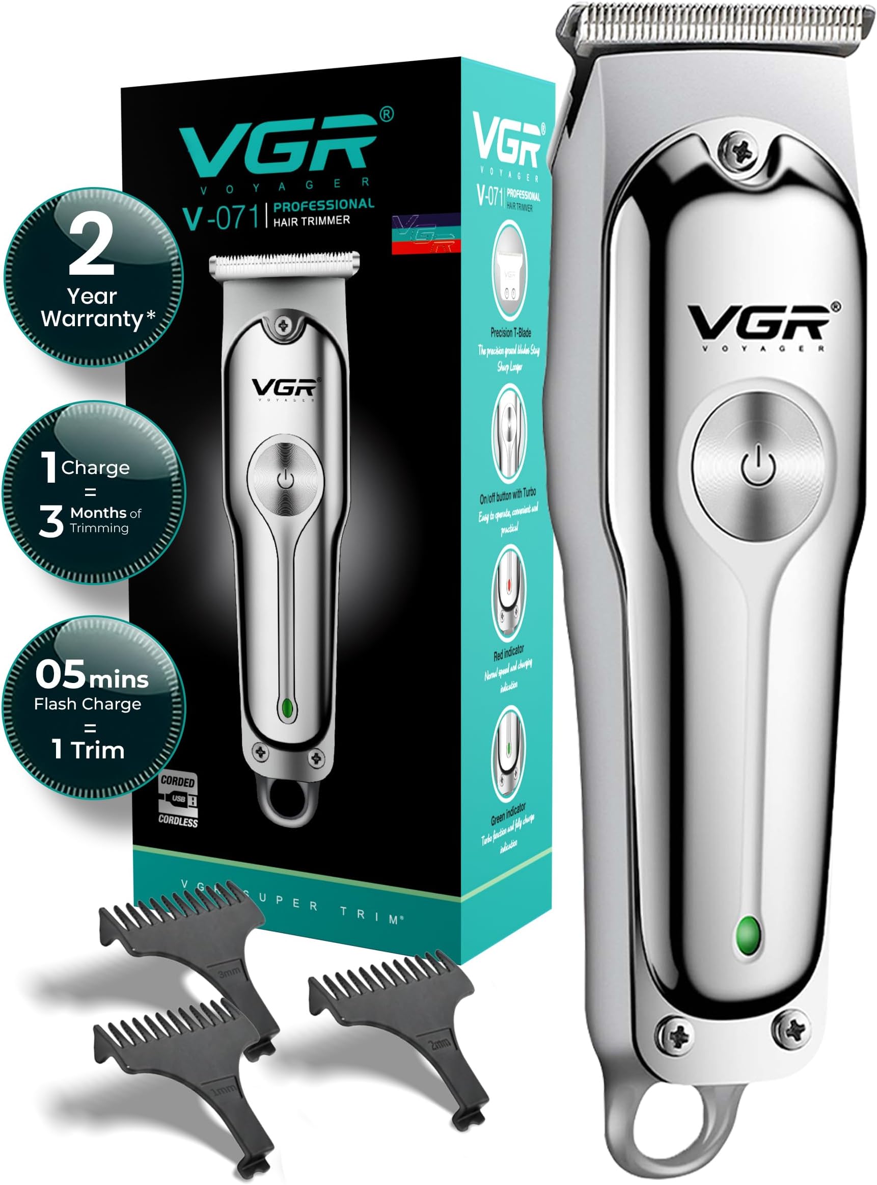 - V-071 Professional Beard Trimmer for Men, 2X Fast Charging, USB Type C, 120 Min Runtime, Hair Trimmer, Cordless, 3 Length Settings, 2 Year Warranty (Silver)